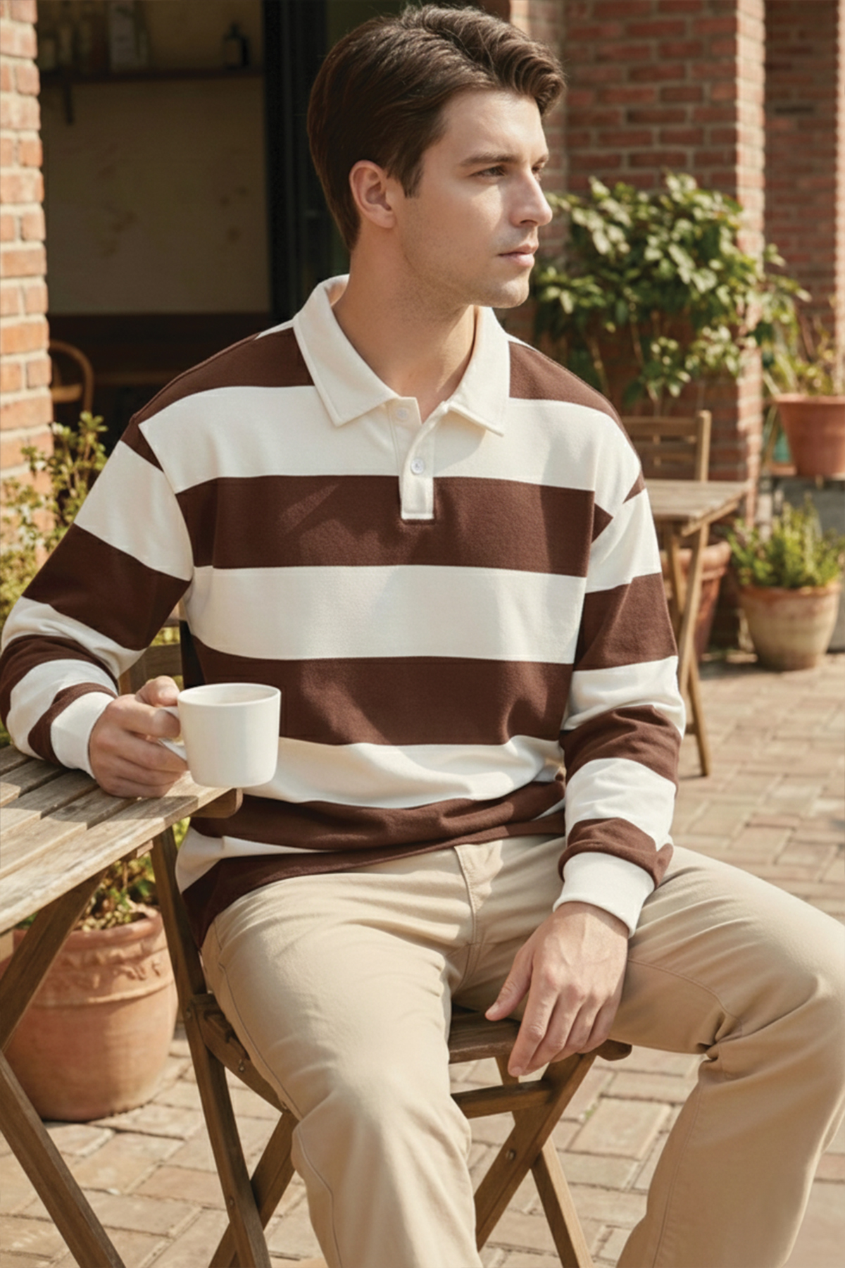 Ghassy Co. Erkek London Çizgili Şeritli Pamuklu İçi Polarlı Polo Yaka Sweatshirt görsel 2