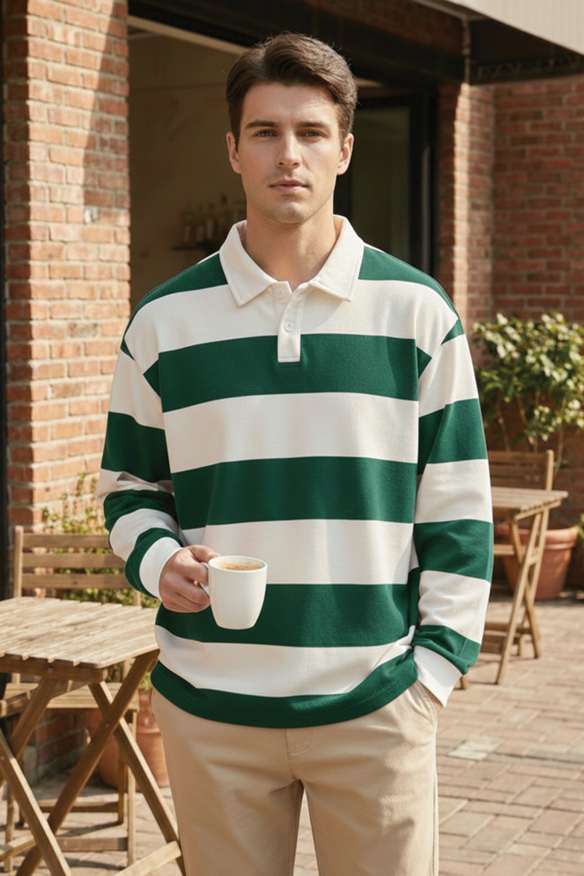 Ghassy Co. Erkek London Çizgili Şeritli Pamuklu İçi Polarlı Polo Yaka Sweatshirt