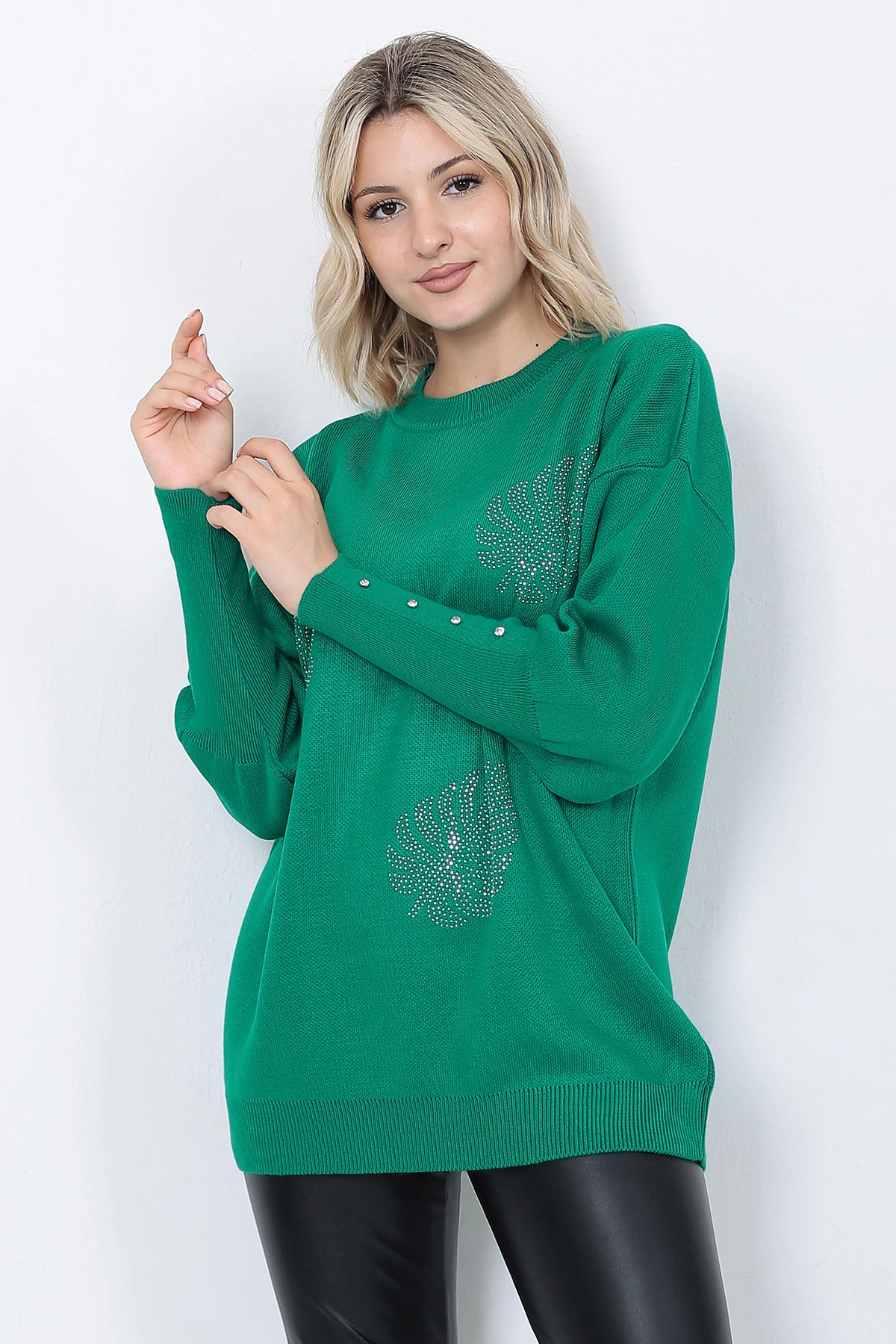 Women's Knitwear Sweater Crew Neck Leaf Patterned Sleeve Gemstone Oversize Green