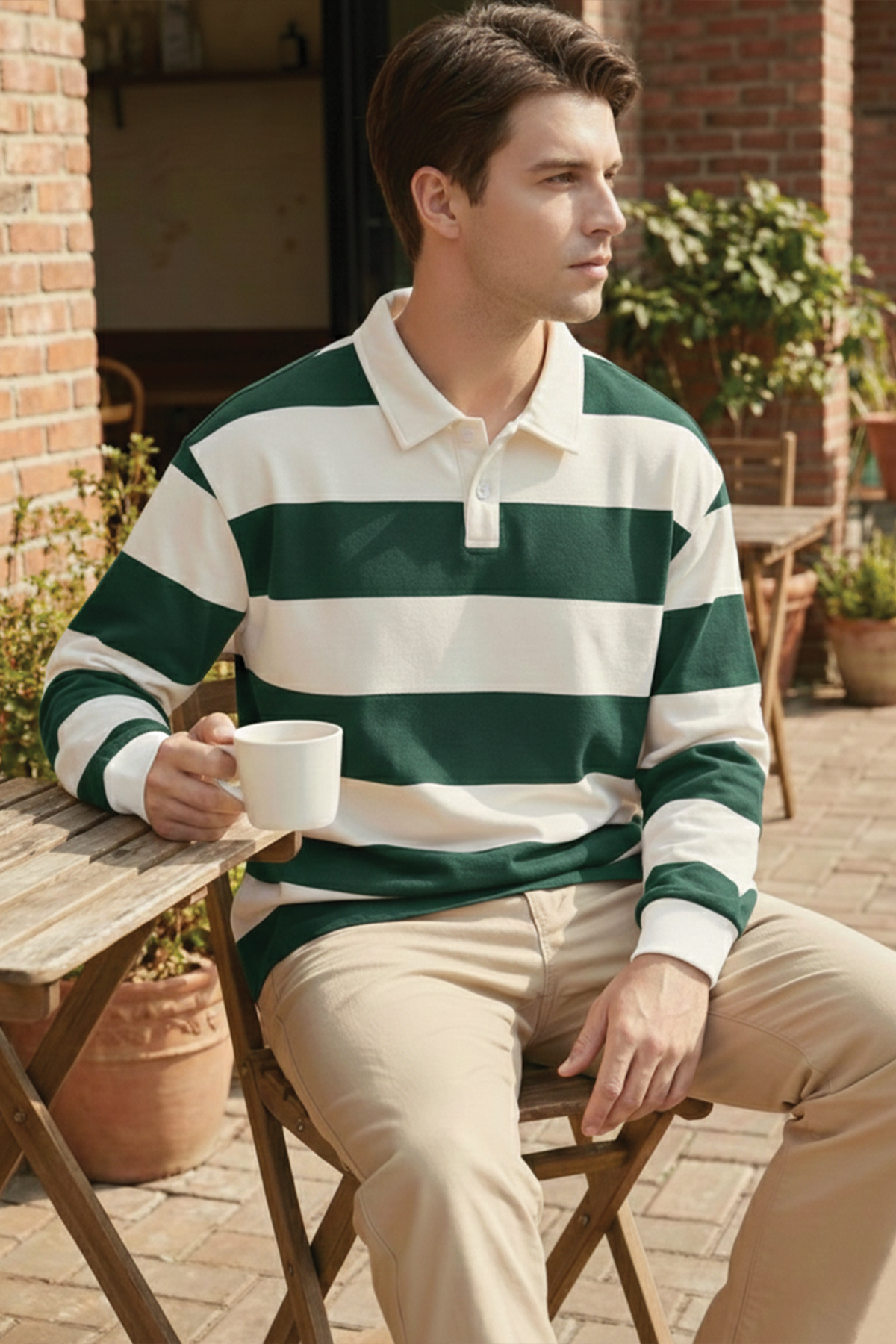 Ghassy Co. Erkek London Çizgili Şeritli Pamuklu İçi Polarlı Polo Yaka Sweatshirt görsel 2