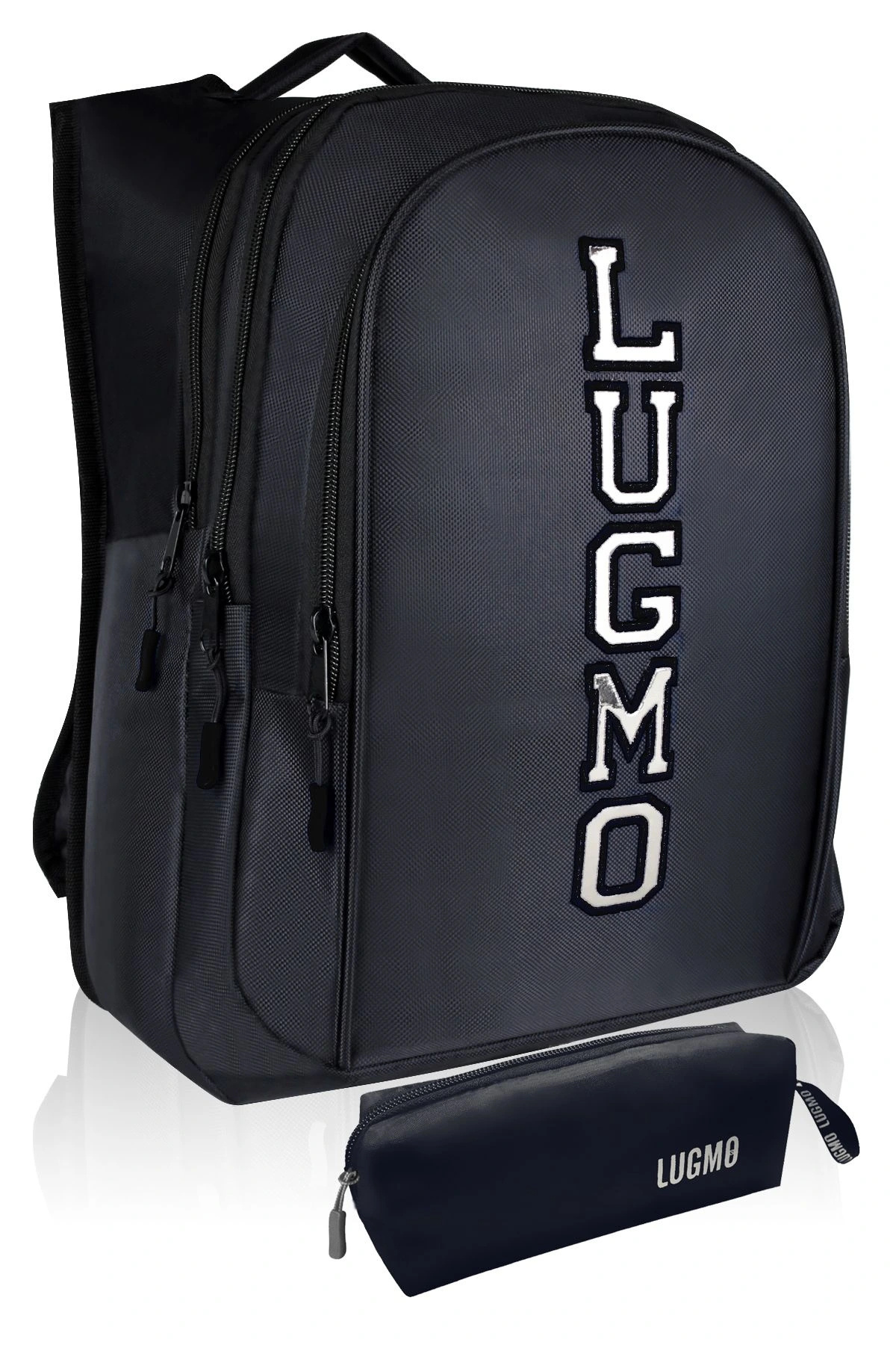 LUGMO Üç Gözlü İçi Astarlı Pedli Okul Çantası ve Kalemlik Ortaokul Lise Çantası Armalı Siyah