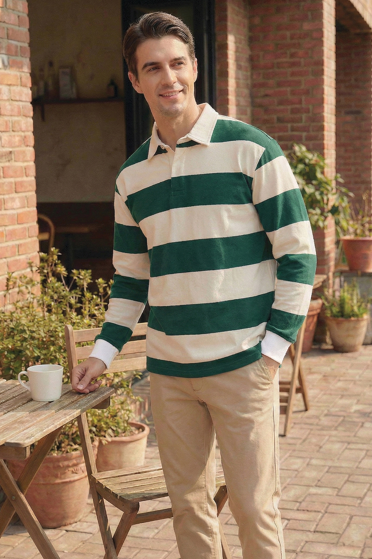 Ghassy Co. Erkek London Çizgili Şeritli Pamuklu İçi Polarlı Polo Yaka Sweatshirt görsel 3