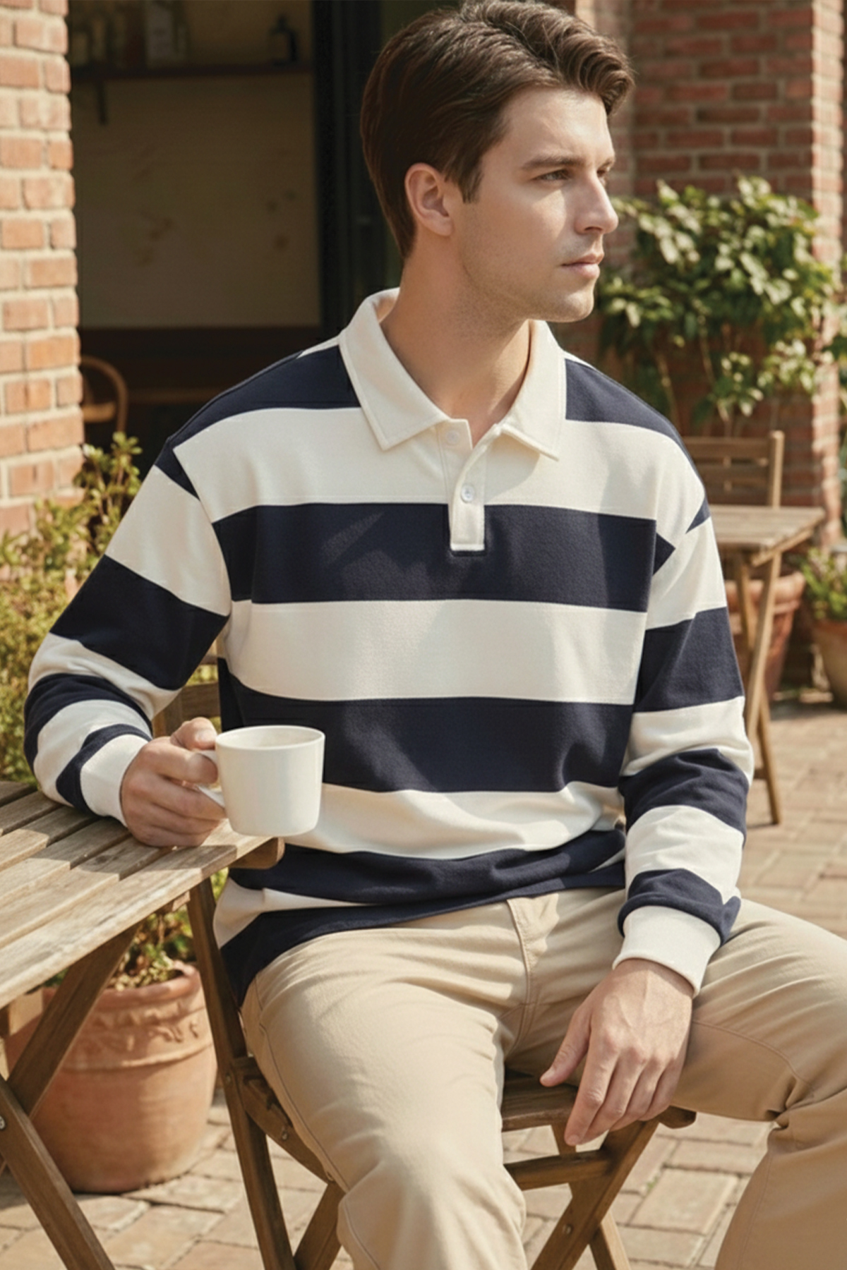 Ghassy Co. Erkek London Çizgili Şeritli Pamuklu İçi Polarlı Polo Yaka Sweatshirt görsel 2
