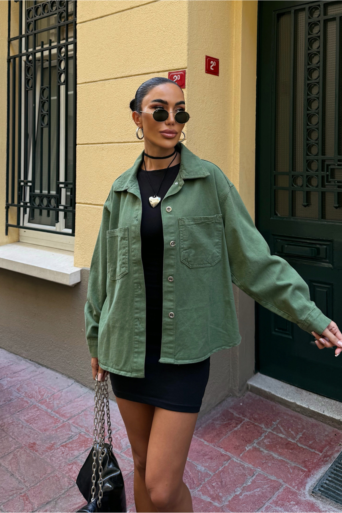 Fav Style  Kadın Oversize Uzun Kollu Çift Cepli Ceket Gömlek Yıkamalı Haki - Görsel 6