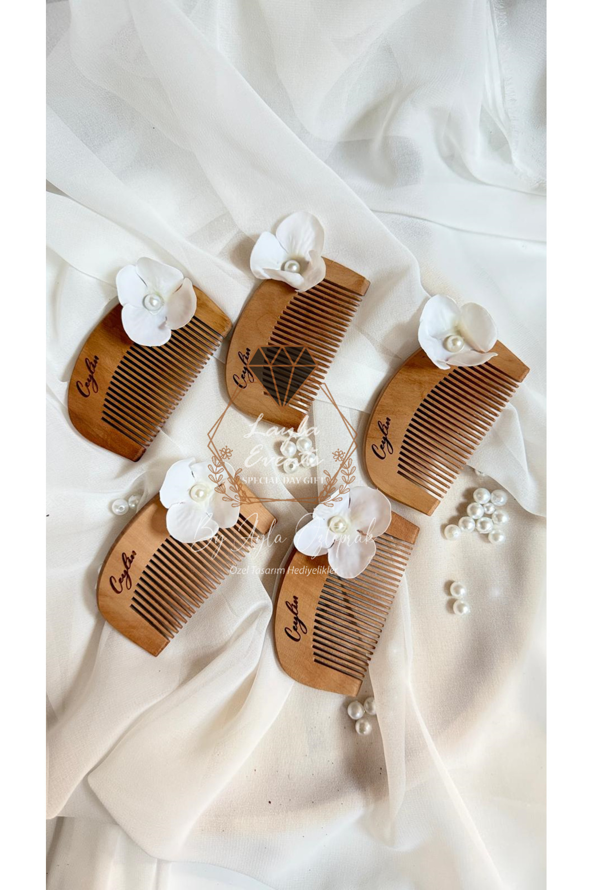 Ahşap Tarak, Ortanca çiçekli Süslü Hediyelik Tarak, Anneler Günü Hediyesi Kişiye Özel-KAZIMA YAZILI