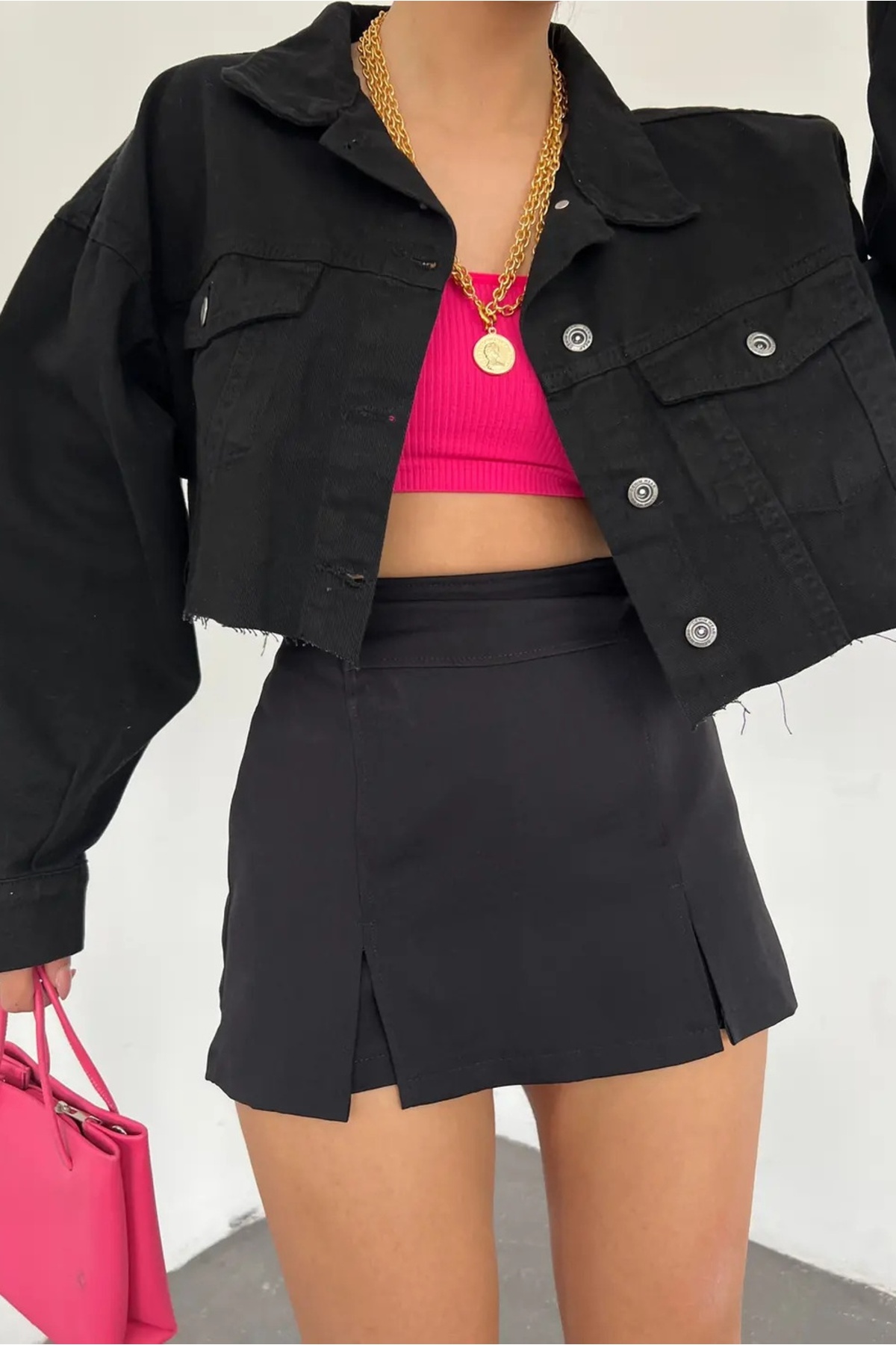 Fav Style  Kadın Altı Kesik Dikişsiz Düğmeli Çift Cepli Crop Oversize Kot Ceket Siyah - Görsel 5