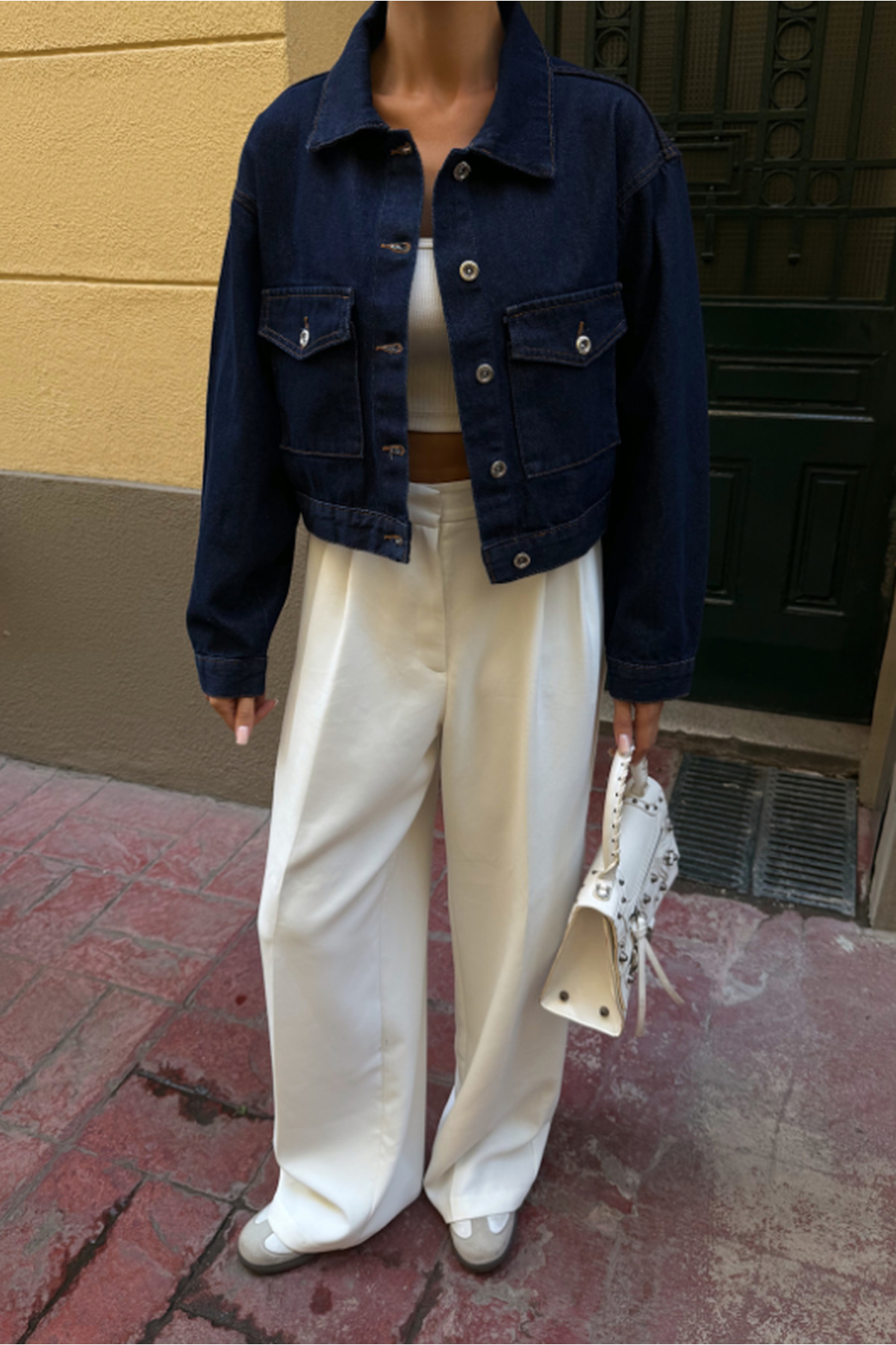 Fav Style  Kadın Çift Cepli Crop Denim Ceket Lacivert - Görsel 7