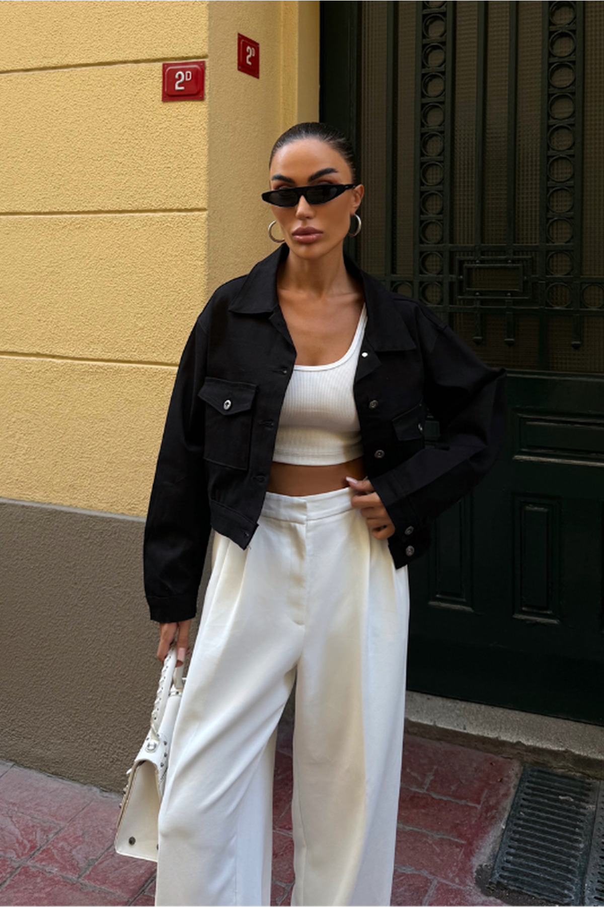 Fav Style  Kadın Çift Cepli Crop Denim Ceket Siyah - Görsel 6