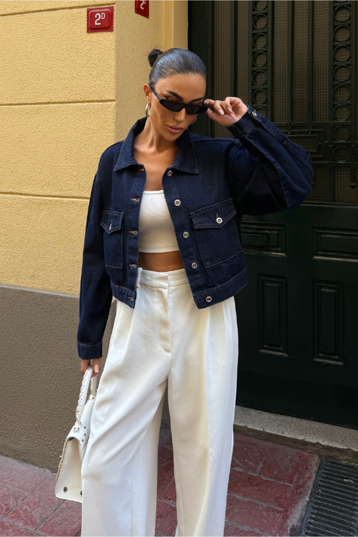 Fav Style  Kadın Çift Cepli Crop Denim Ceket Lacivert - Görsel 5