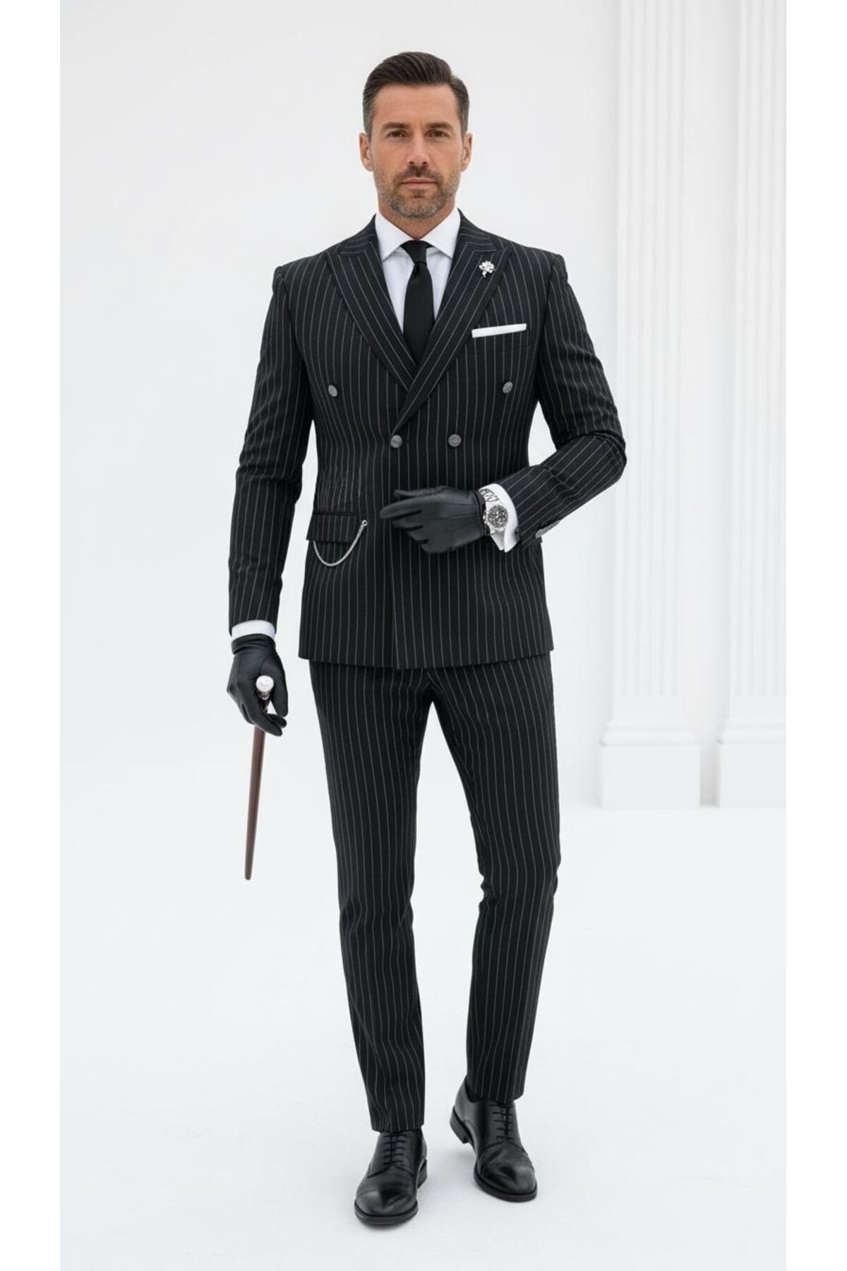 Plus Scorpion  Çizgili Kruvaze Erkek Takım Elbise – Şık ve Rahat İtalyan Kesim, Belden Oturtmalı, Top Düğmeli