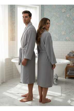 VAVEY Pamuklu Jakarlı Şal Yaka Bornoz Unisex Gri Renk