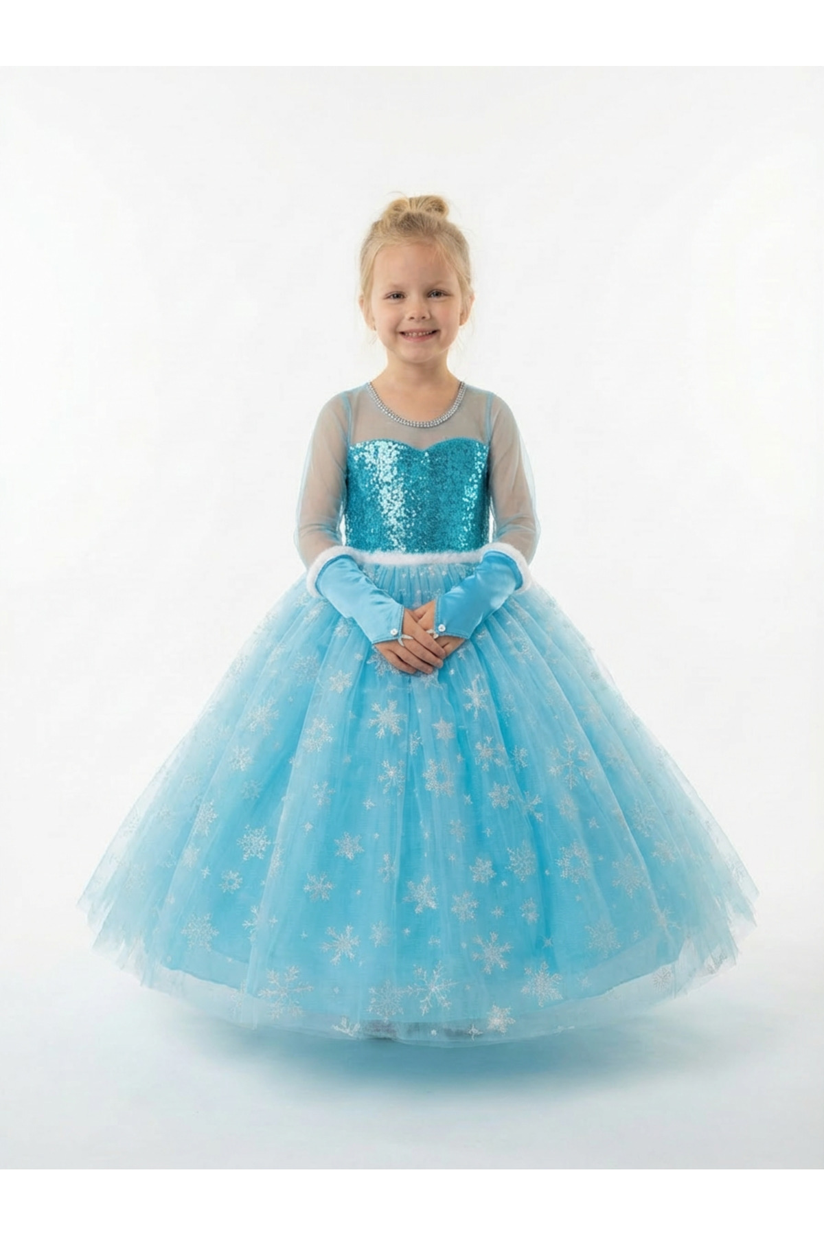 BUTİKHAPPYKİDS Prenses Elsa Kostümü Uzun Kollu Elsa Kostümü Taç Asa Saç Eldiven Rozet 6 Lı Set fotoğrafı 4 (önizleme)