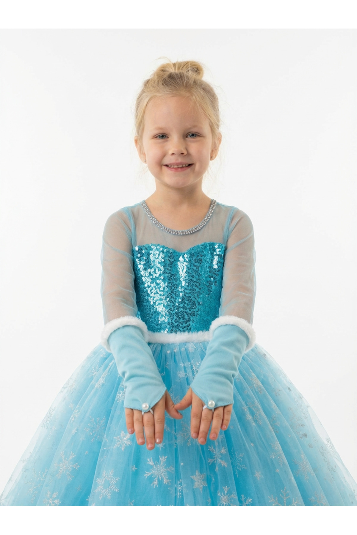 BUTİKHAPPYKİDS Frozen Elsa Kostümü Uzun Kollu Kız Çocuk Prenses Elbisesi Taç+Asa+Eldiven Hediyeli fotoğrafı 5 (önizleme)