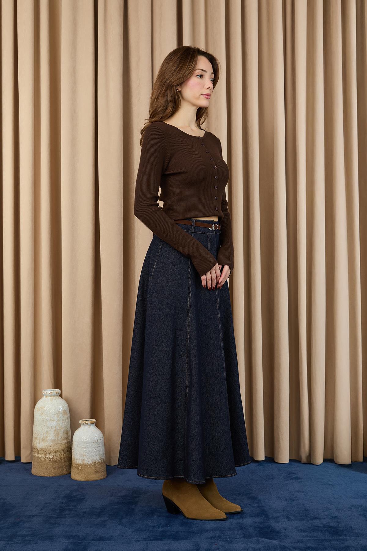 Genel Markalar  Kemerli Denim Etek - Lacivert - Görsel 5