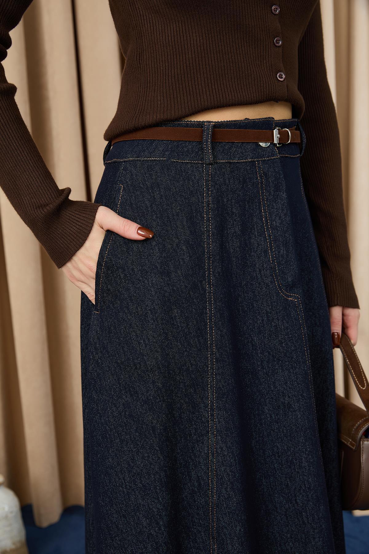 Genel Markalar  Kemerli Denim Etek - Lacivert - Görsel 7