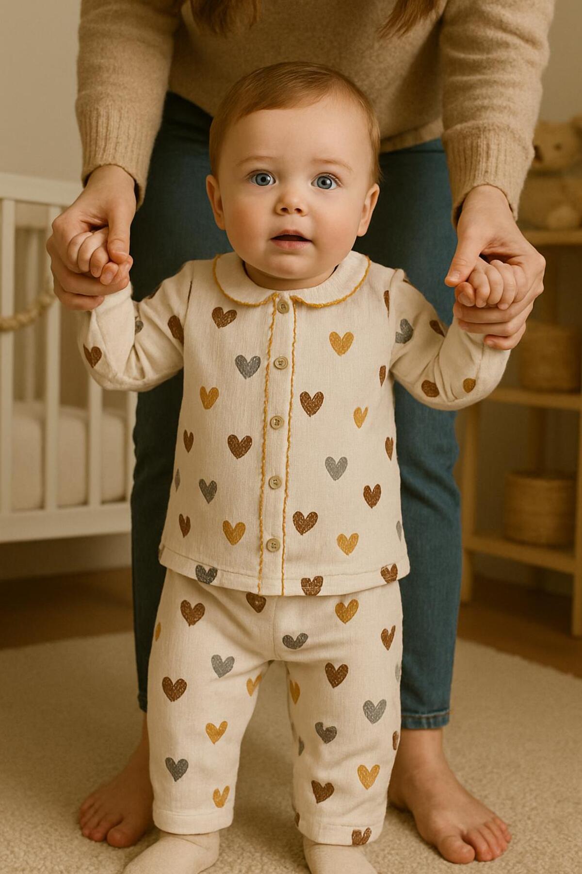 anne dokunuşu gibi KUZUM BEBE Kahve Kalpli Love Organik Omuzdan Çıtçıtlı 2’li Fitilli Kumaş Kız Bebek Çocuk Alt Üst Pijama Takımı fotoğrafı 2 (önizleme)