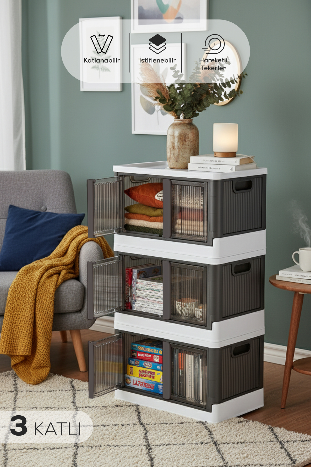 Vienev Çok Amaçlı Istiflenebilir Katlanır 3'lü Antrasit