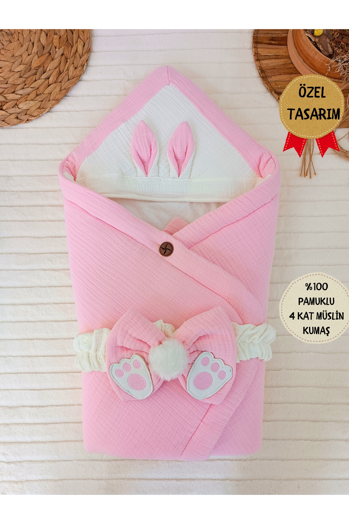 Tomuycuk 4 Kat Müslin Pembe Bebek Battaniyesi %100 Pamuklu Doğal Organik Uyku Kundağı Hastane Çıkışı fotoğrafı 5 (önizleme)