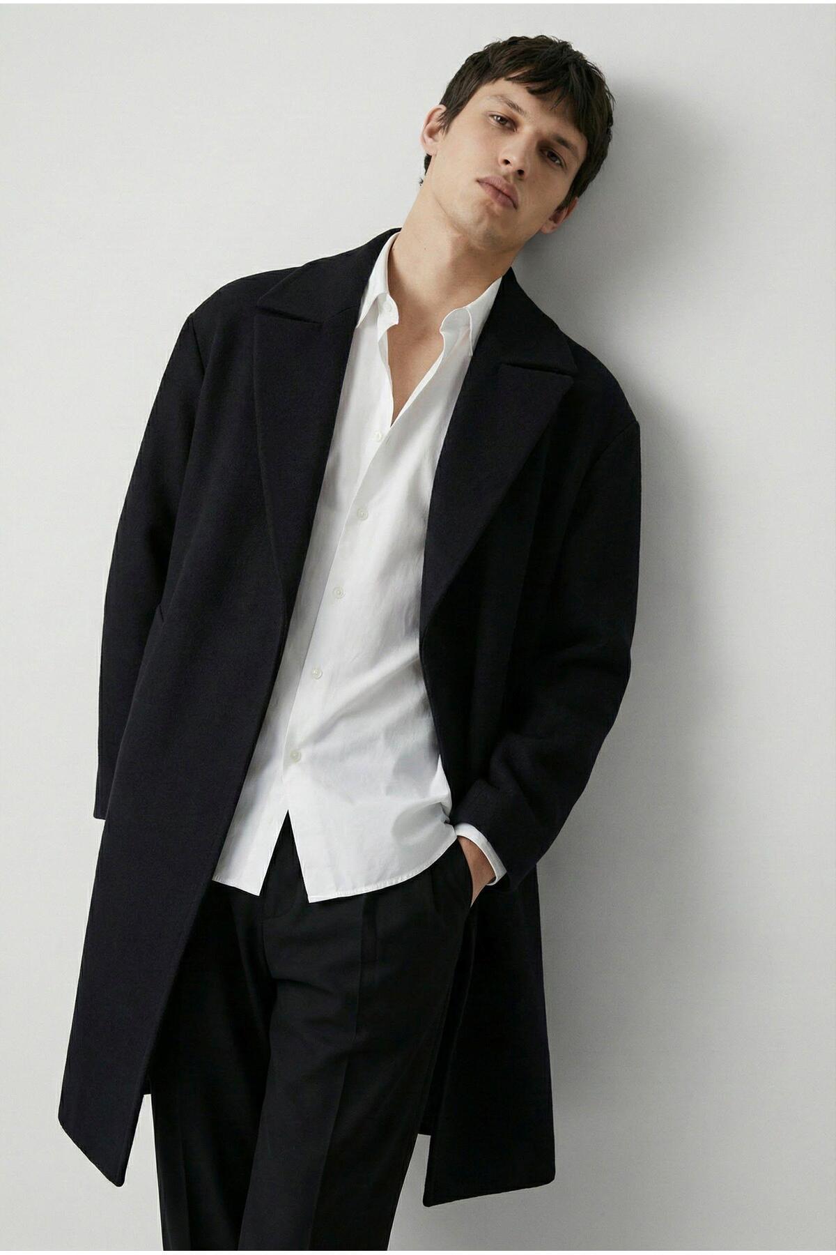 ablukaonline  Oversize Rahat Kesim Uzun Erkek Kaşe Kaban Palto Siyah - Görsel 4