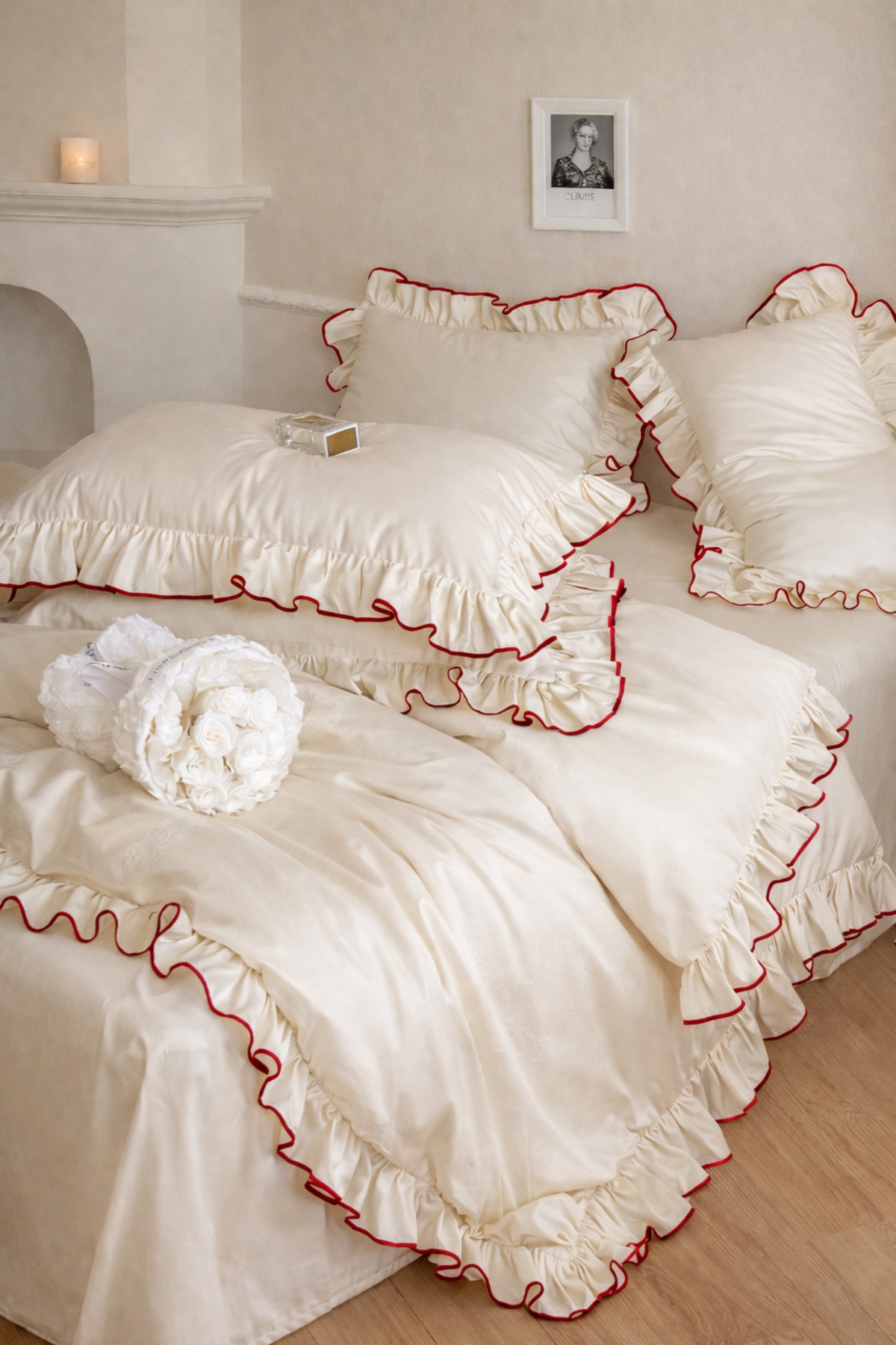 Double Red Ornamental Stitched 100% Cotton Ruffle Duvet Cover Set Ecru