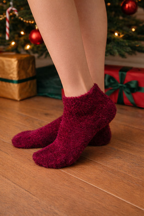 Perili Kadın Peluş Uyku Çorabı Termal Etkili Bordo– Extra Yumuşak