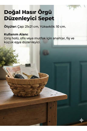 CasaLinda Doğal Hasır Sepet Dekoratif Yuvarlak Ekmek ve Meyve Sepeti, Rustik ...