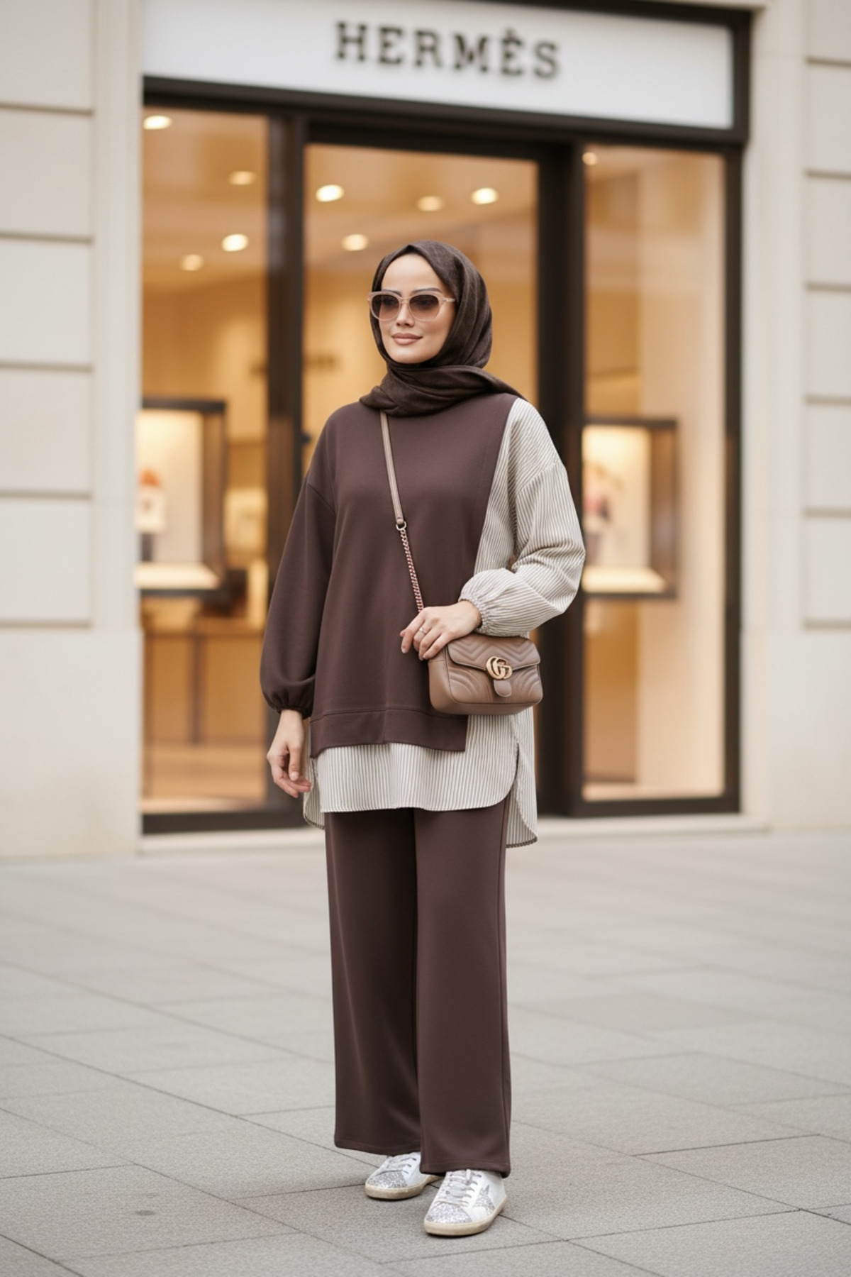 ASEL FASHİON  Kadın Tesettür Takım Line İkili Takım Gömlek Acıkahve - Görsel 6