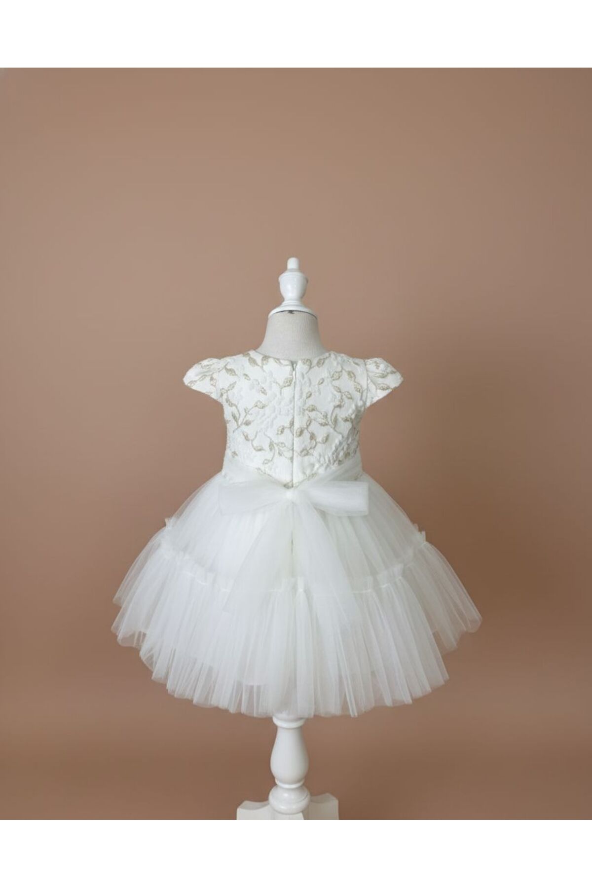 MİNİMONY 1-5 Yaş Kısa Kol Jakarlı Kız Bebek Çocuk Elbise Bayramlık Mezuniyet Balo Abiye Gelinlik Ekru 2028 fotoğrafı 3 (önizleme)