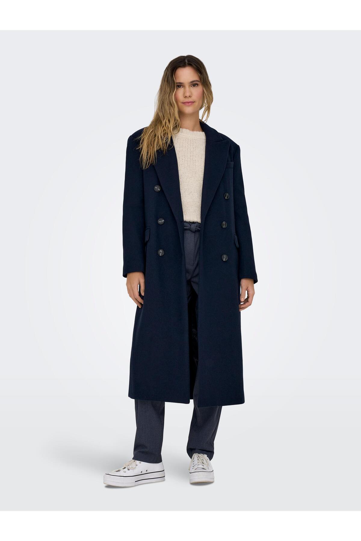 ONLY  ONLVICKY WOOL COAT Yün Karışımlı Kruvaze Yaka Düğme Kapamalı Kapak Cepli Astarlı Tek Yırtmaçlı Kaban - Görsel 6