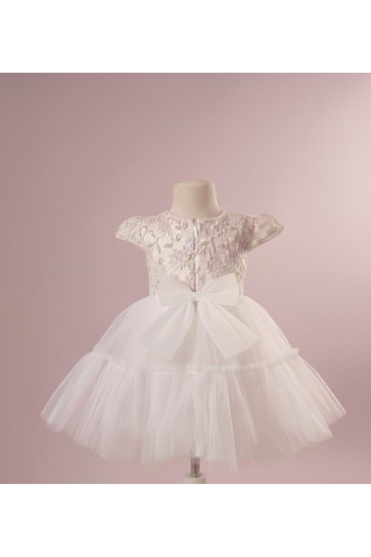 MİNİMONY 1-5 Yaş Kısa Kol Jakarlı Kız Bebek Çocuk Elbise Bayramlık Mezuniyet Balo Abiye Gelinlik Pembe 2028 fotoğrafı 3 (önizleme)