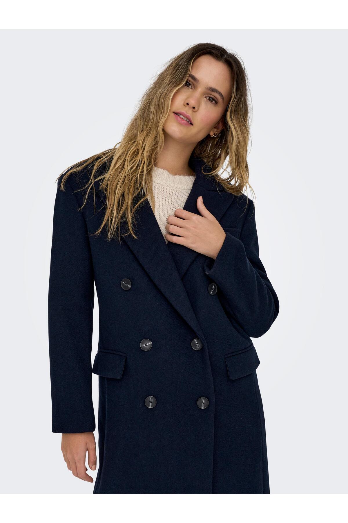 ONLY  ONLVICKY WOOL COAT Yün Karışımlı Kruvaze Yaka Düğme Kapamalı Kapak Cepli Astarlı Tek Yırtmaçlı Kaban - Görsel 7