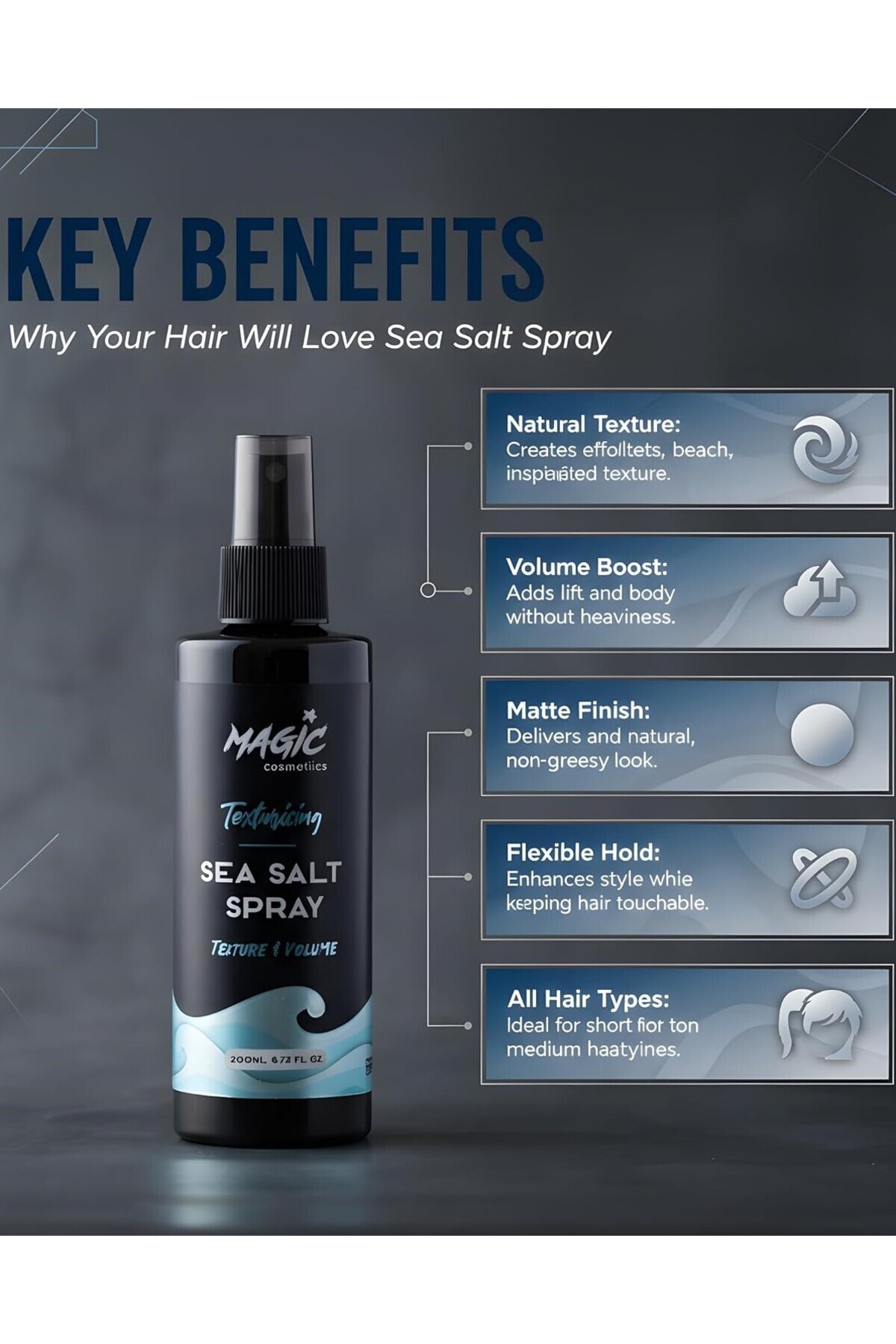 Profesyonel Deniz Tuzu Saç Spreyi 200ml Doğal Dalgalar, Hacim ve Dolgunluk Veren Sea Salt Spray — Magic Sea Salt — تصویر 4 از 7