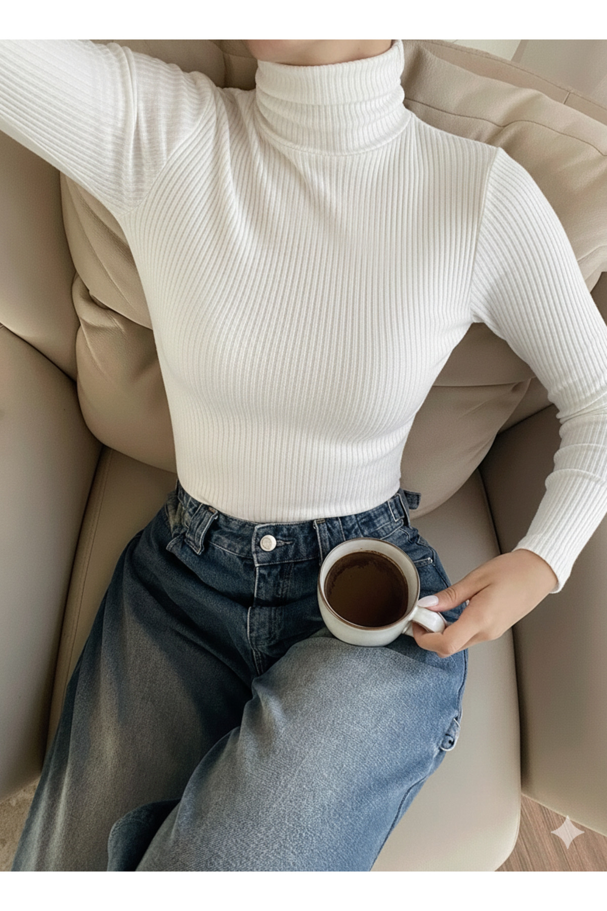 Buteks  Unisex Kırık Beyaz Premium Pamuklu Balıkçı Yaka Kaşkorse Şardonlu Slimfit Boğazlı Kazak - Görsel 2