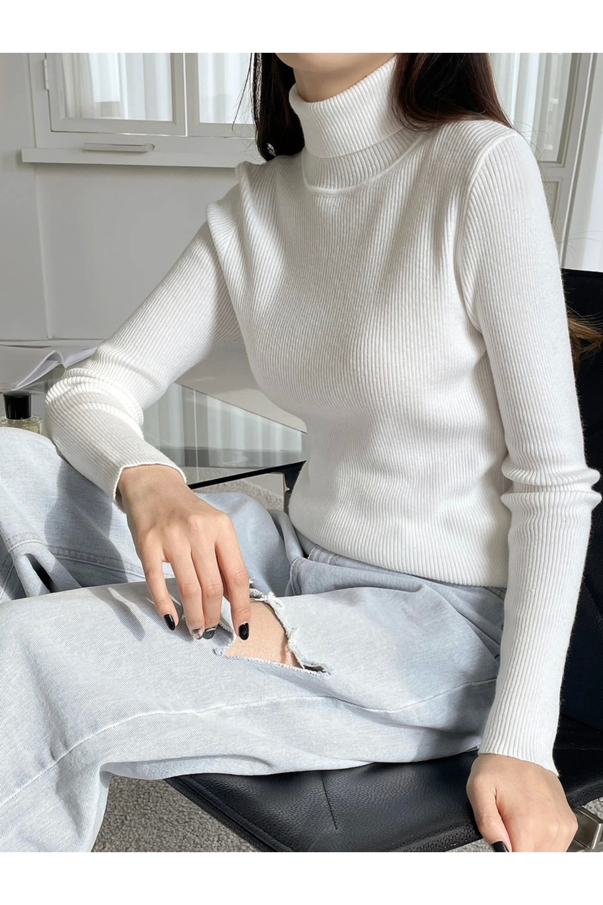 Buteks  Unisex Kırık Beyaz Premium Pamuklu Balıkçı Yaka Kaşkorse Şardonlu Slimfit Boğazlı Kazak - Görsel 5