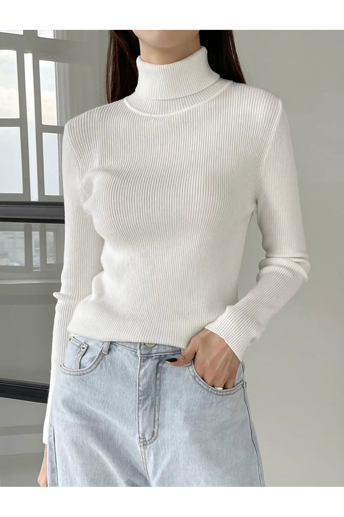 Buteks  Unisex Kırık Beyaz Premium Pamuklu Balıkçı Yaka Kaşkorse Şardonlu Slimfit Boğazlı Kazak - Görsel 7