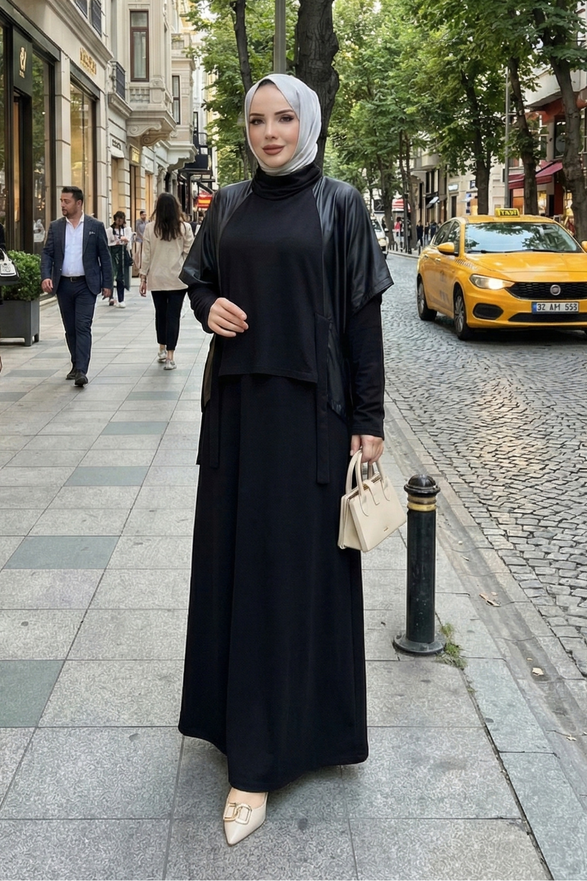 modamira  Kadın Siyah mevsimlik Pamuklu Kumaş Deri Detaylı ikili Genç Anne davet özel Tesettür Elbise - Görsel 8