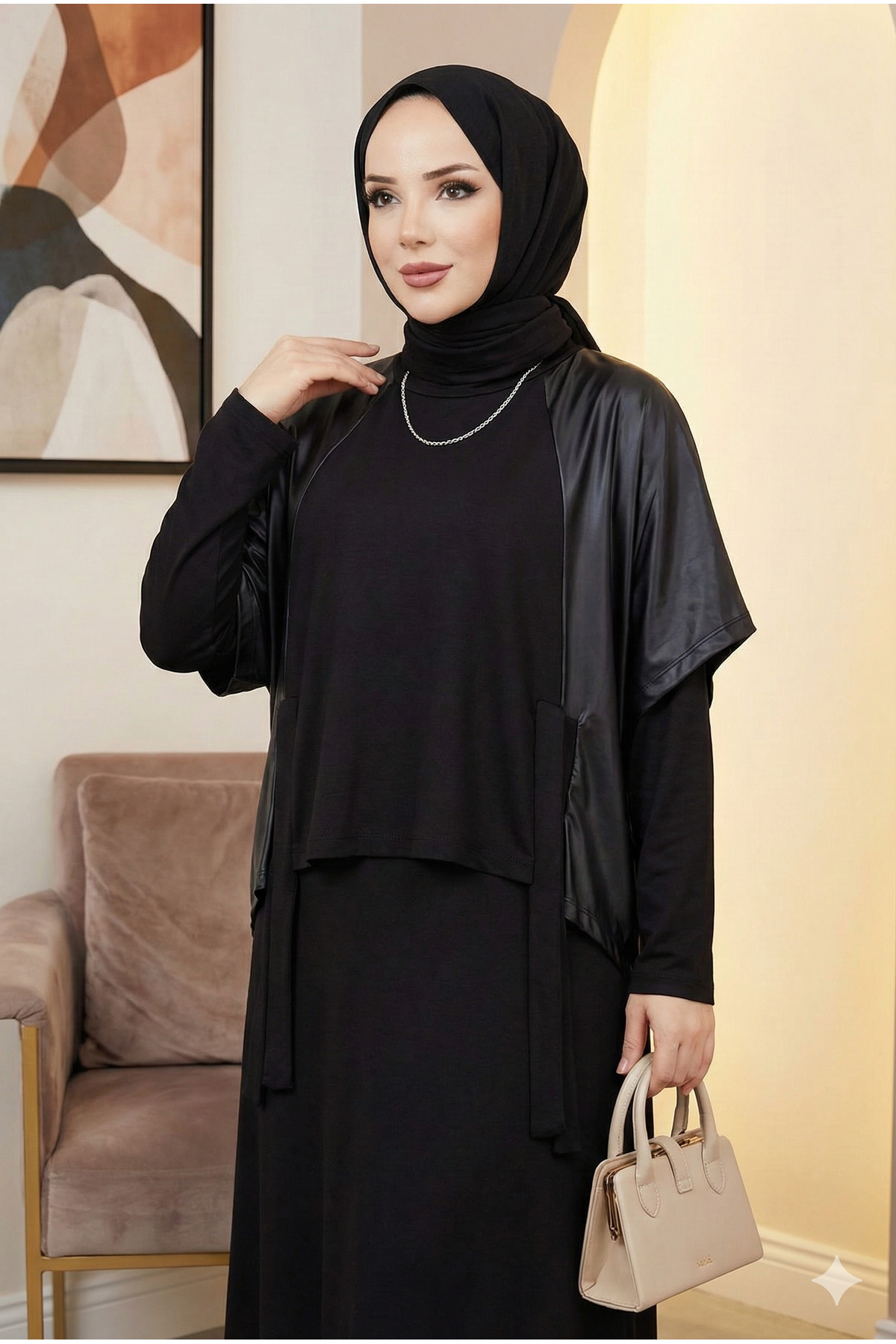 modamira  Kadın Siyah mevsimlik Pamuklu Kumaş Deri Detaylı ikili Genç Anne davet özel Tesettür Elbise - Görsel 3