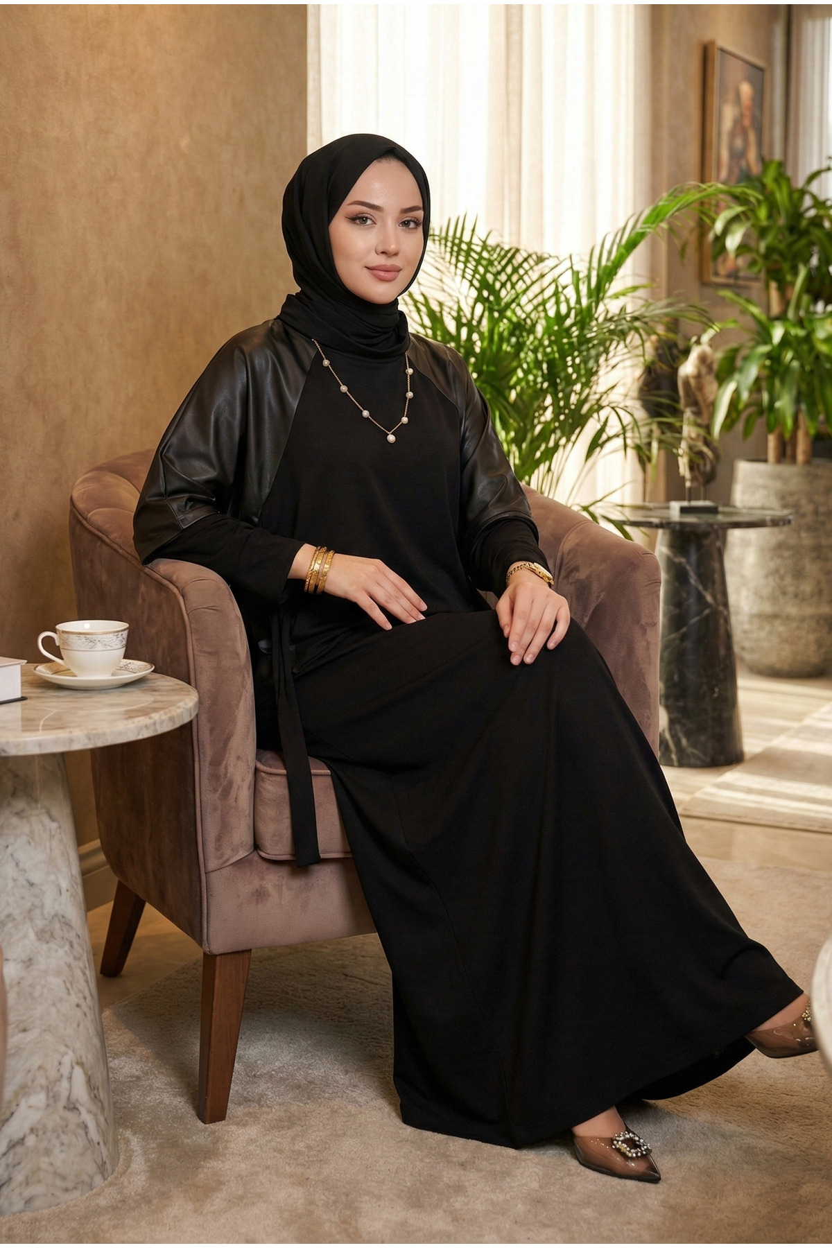 modamira  Kadın Siyah mevsimlik Pamuklu Kumaş Deri Detaylı ikili Genç Anne davet özel Tesettür Elbise - Görsel 4