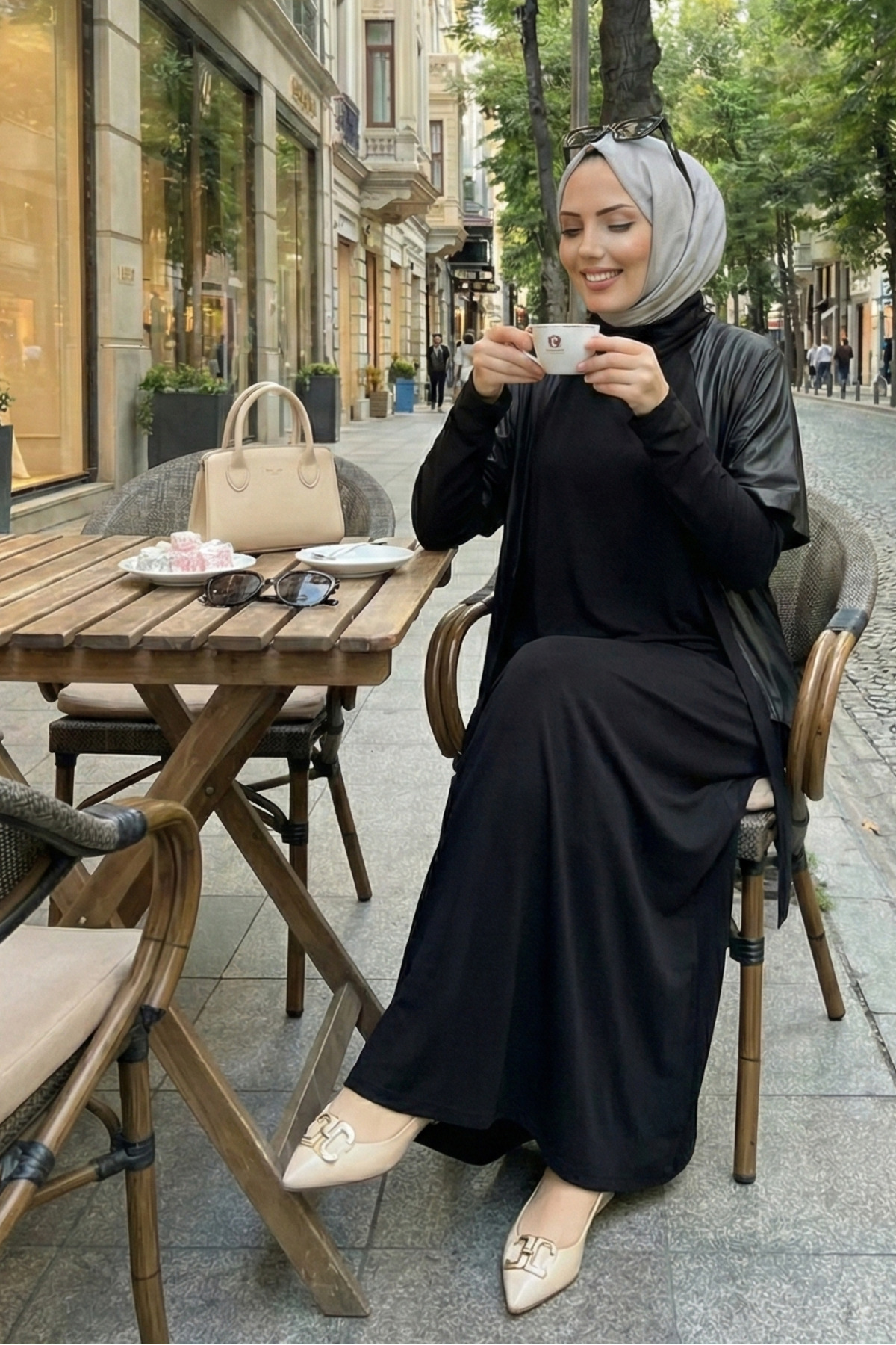 modamira  Kadın Siyah mevsimlik Pamuklu Kumaş Deri Detaylı ikili Genç Anne davet özel Tesettür Elbise - Görsel 7