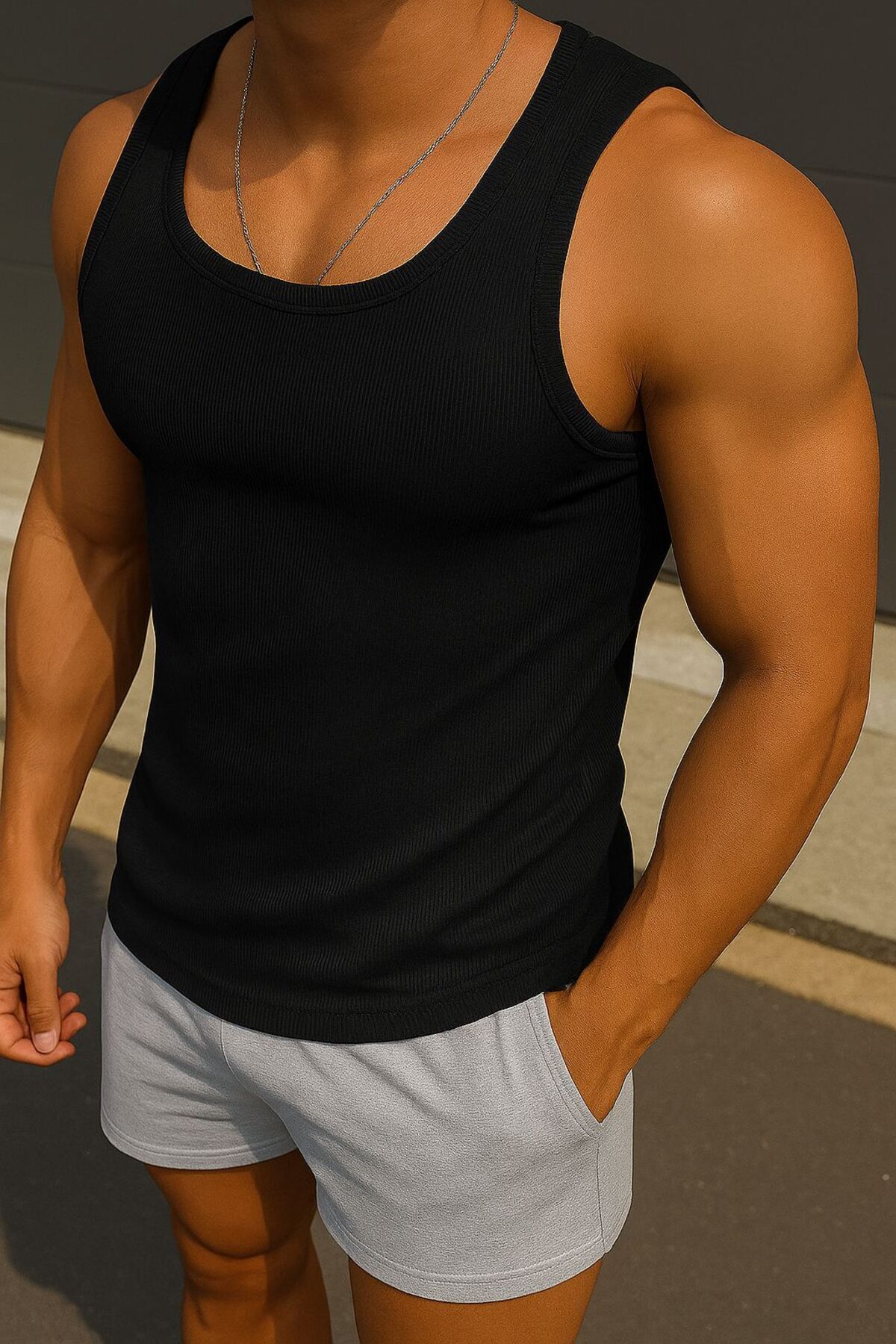 Riowela Erkek Halter Yaka Siyah Sporcu Likralı Atlet