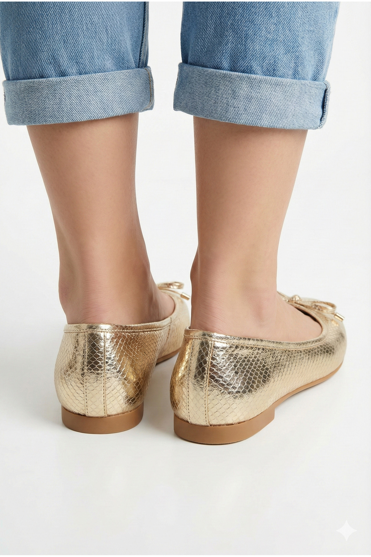 StWenn  Altın Rengi Metalik Yılan Dokulu Yumuşak Fiyonklu Şık Kadın Babet Ortopedik Hafif Taban Deri Cilt - Görsel 7