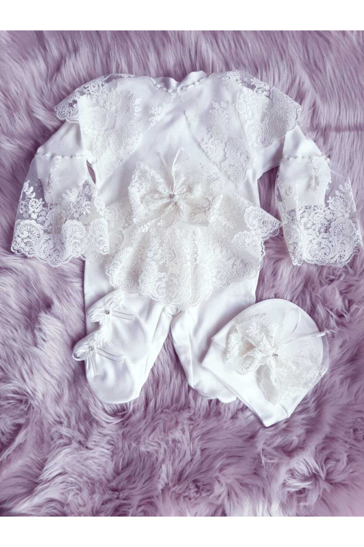 Şeker Tadında Tasarımlar Kız Bebek Ekru Fransız Güpür Detaylı Tulum Seti,Mevlit Takımı fotoğrafı 3 (önizleme)