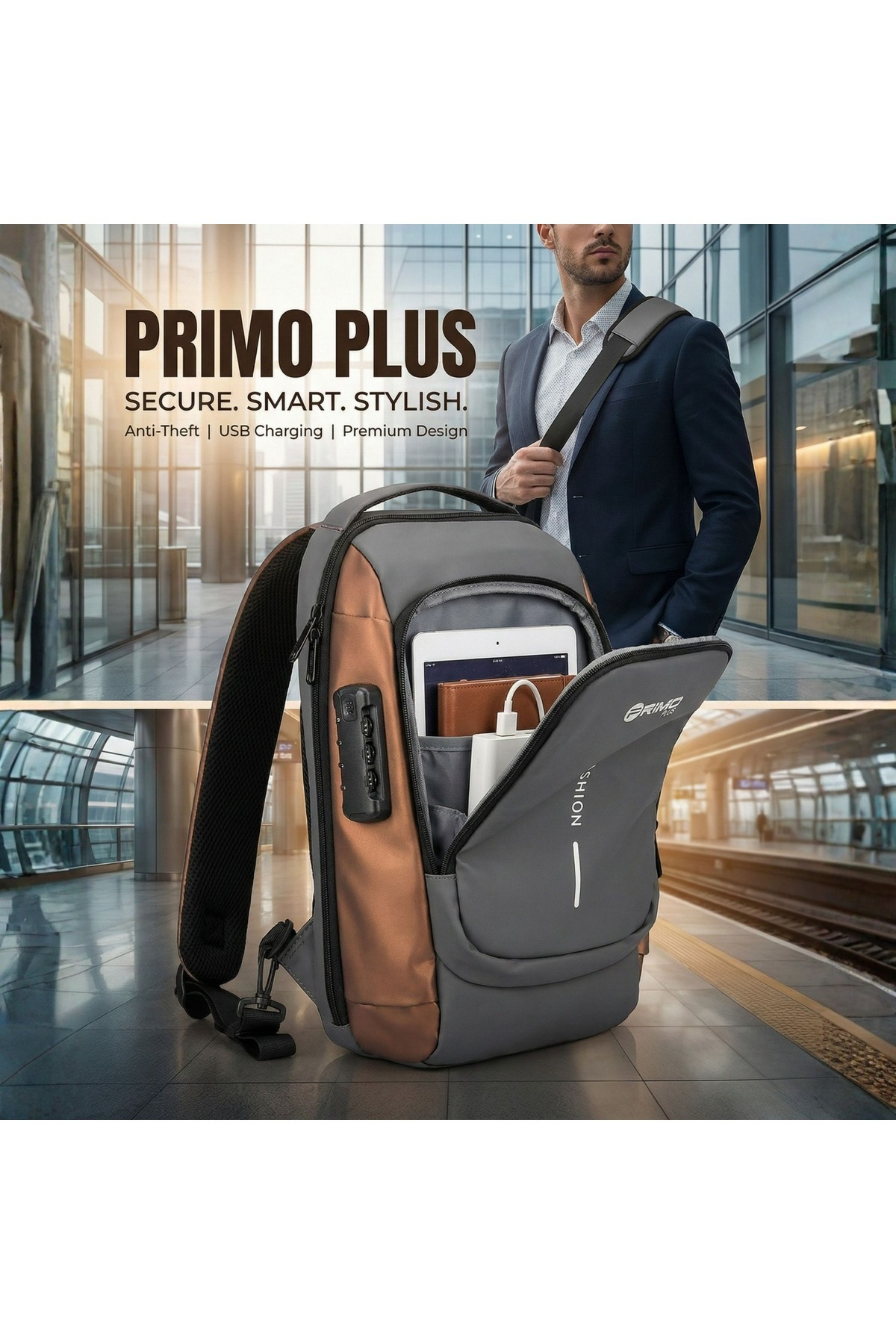 حقيبة ظهر مضادة للسرقة، مقاومة للماء، بنية مع سودا...