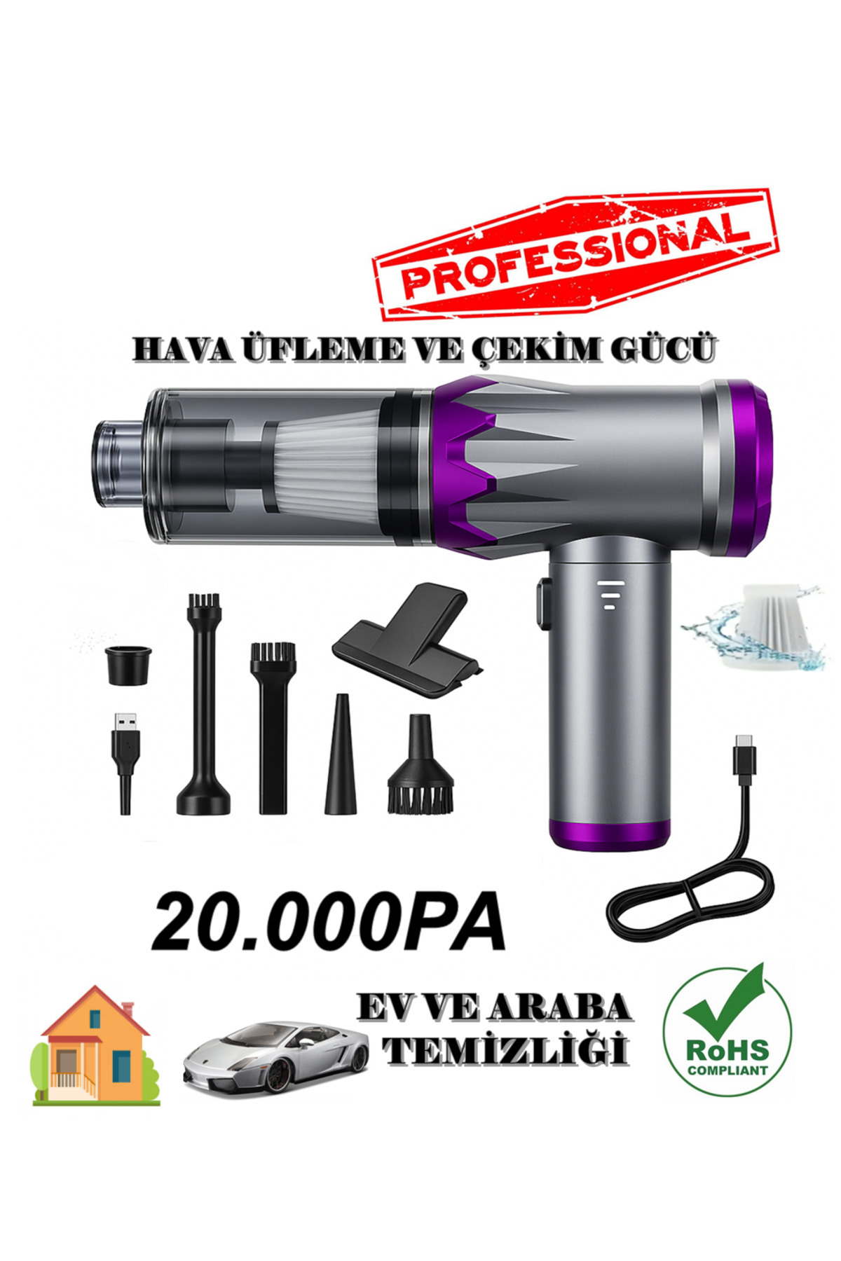 H-8083 20.000Pa Kablosuz Oto Araç Süpürgesi Şarjlı 3 Kademeli Profesyonel Ultra Çekim Güçlü Mini