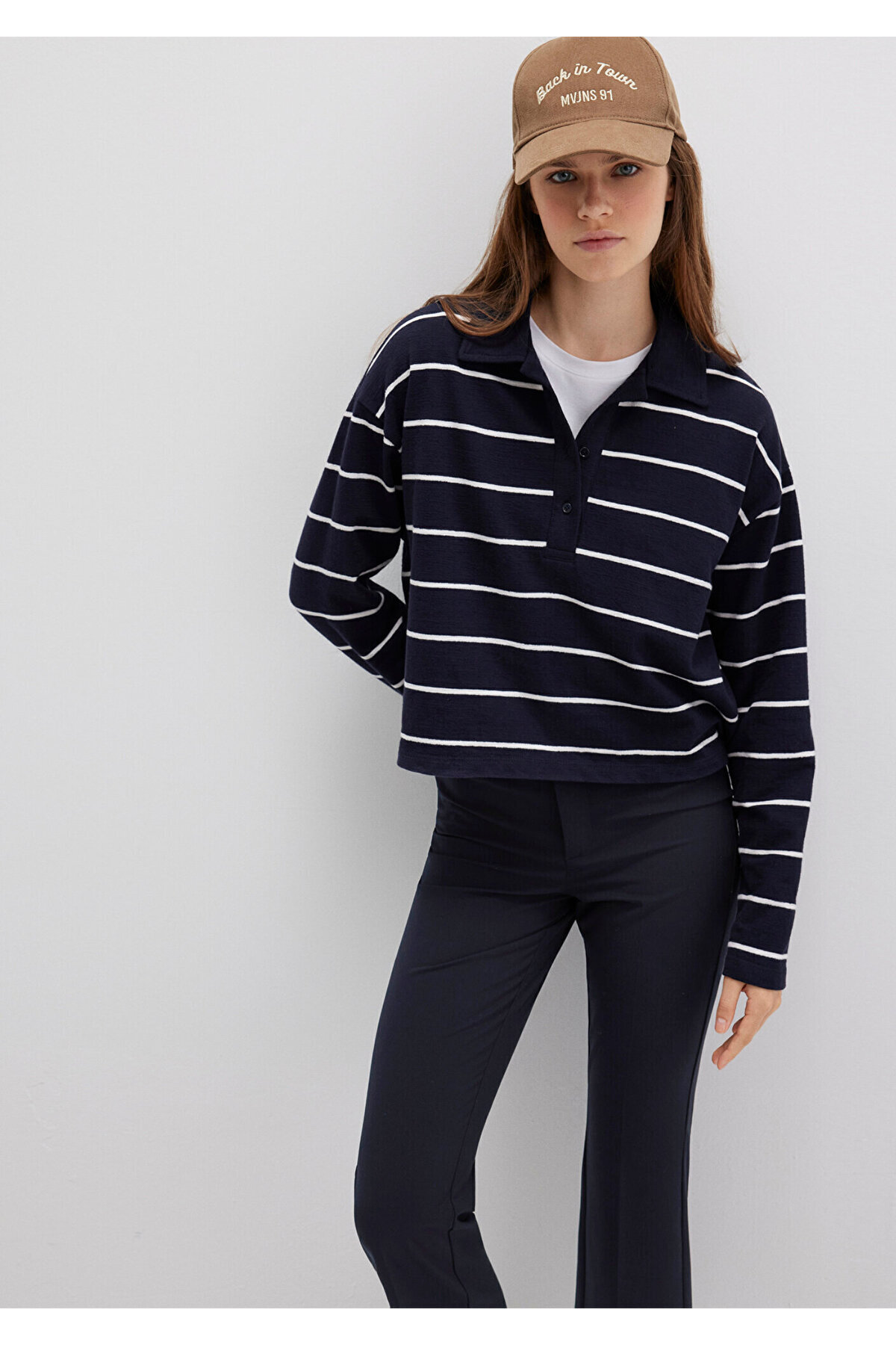 Mavi Çizgili Lacivert Polo Tişört Boxy Fit 1612813-87988