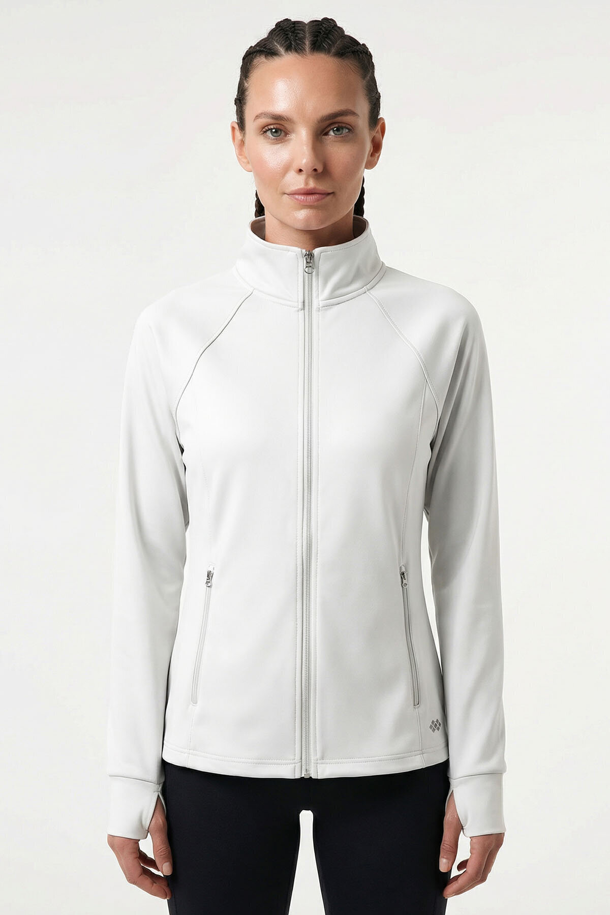 TOMMY LIFE  Beyaz Fermuarlı Dik Yaka Basic Rahat Form Kadın Koşu Ceketi - 97310 - Görsel 4