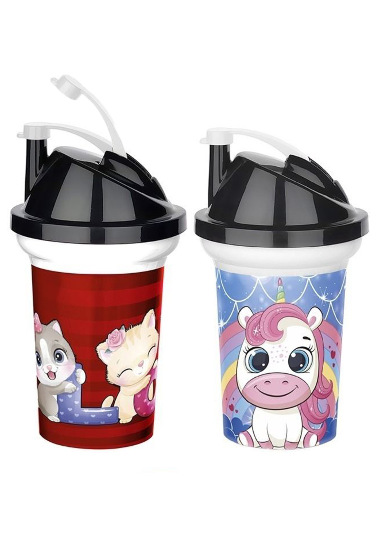 Transformacion Çocuk Pipetli Bardak Seti 2'li Unicorn & Kedi Figürlü İkili Eğlenceli Kapaklı Suluk Matara 300 ml fotoğrafı 2 (önizleme)