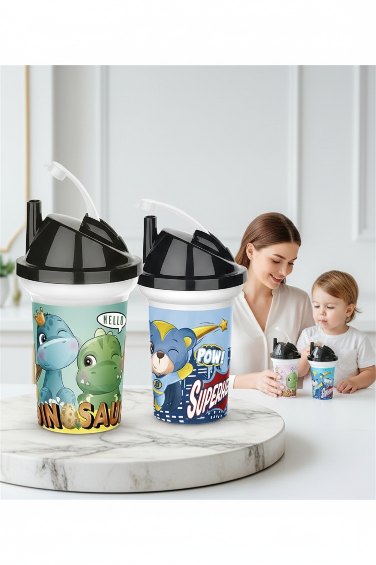 Transformacion Çocuk Pipetli Bardak Seti 2'li Dinozor & Süper Kahraman İkili Eğlenceli Kapaklı Suluk Matara 300 ml fotoğrafı 3 (önizleme)