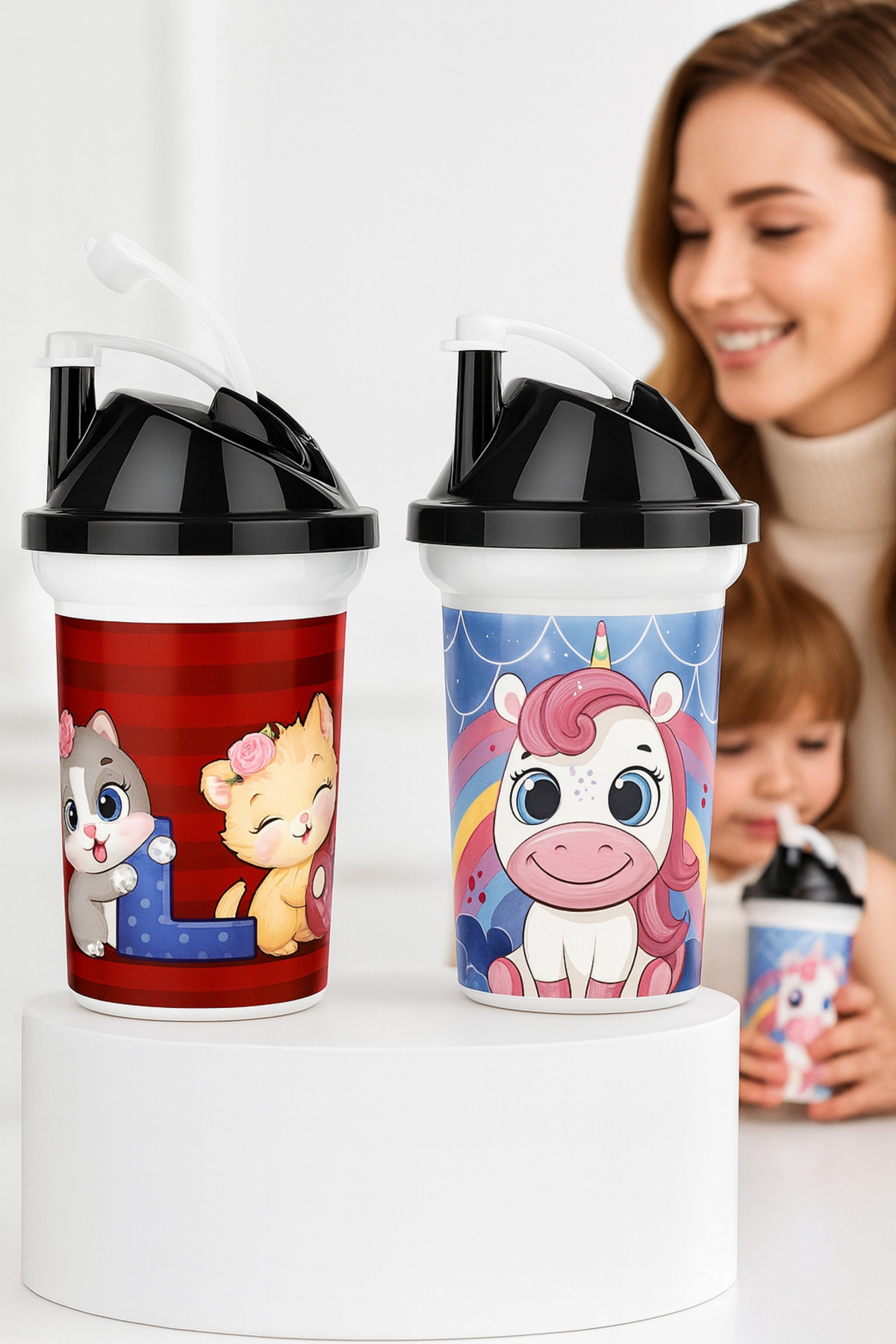 Transformacion Çocuk Pipetli Bardak Seti 2'li Unicorn & Kedi Figürlü İkili Eğlenceli Kapaklı Suluk Matara 300 ml fotoğrafı 4 (önizleme)