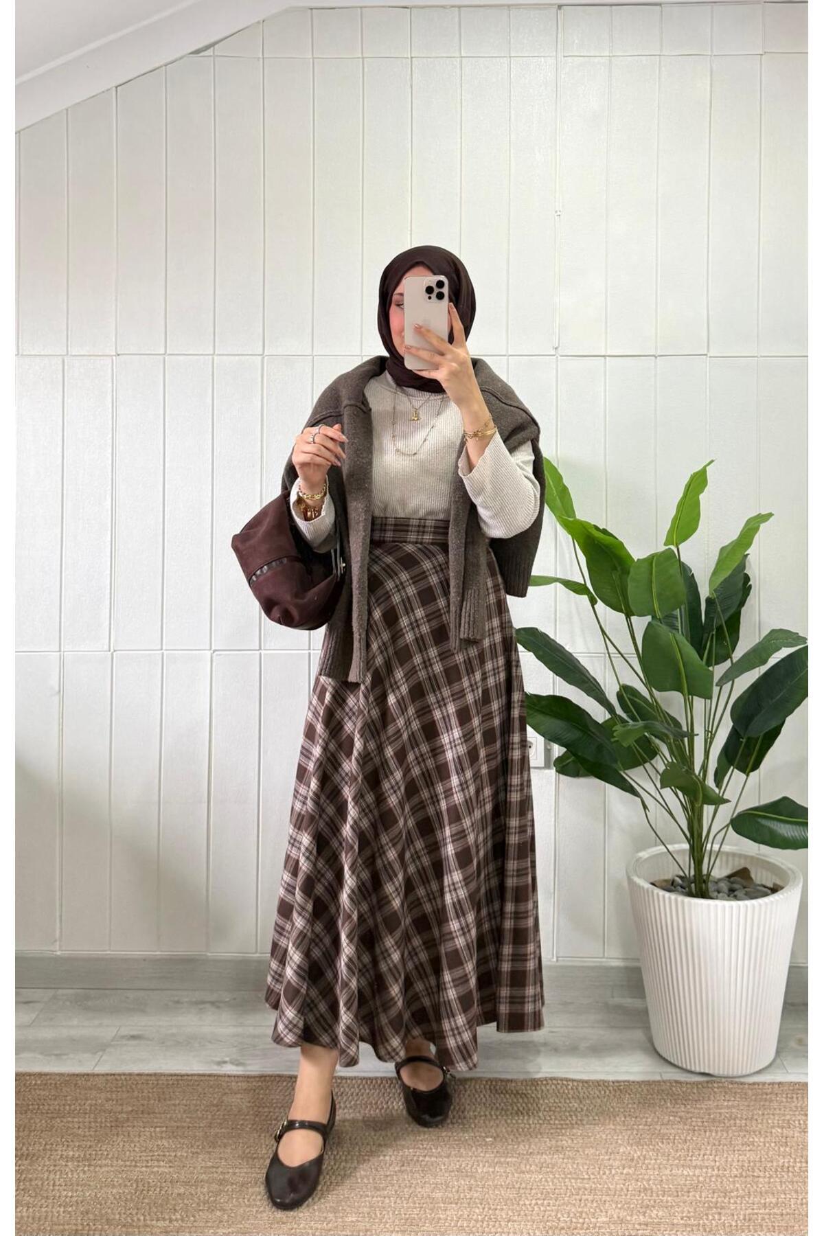 MİREL BUTİK Elit Kadın Ekoseli Desenli Kışlık Kloş Etek